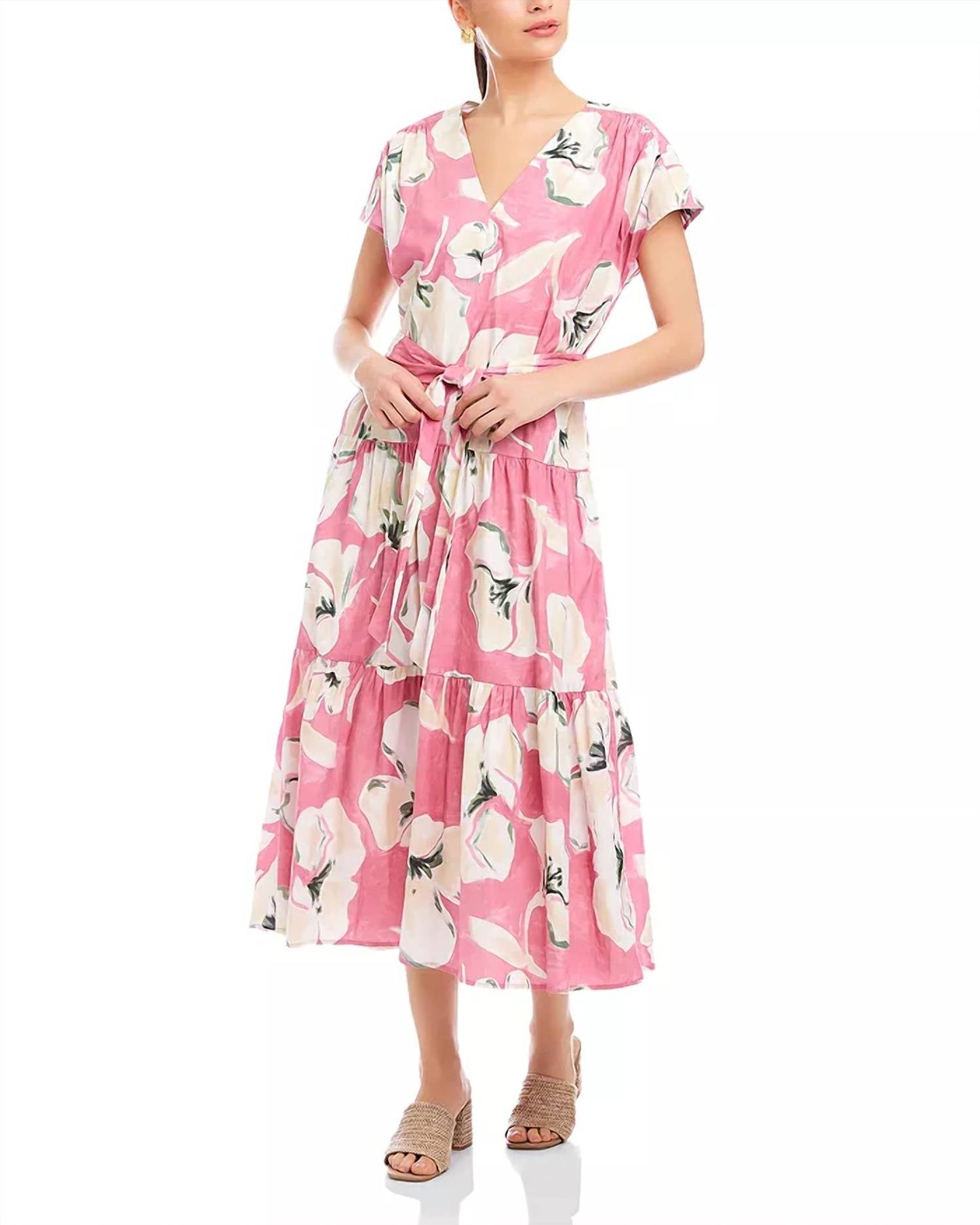 Kristine Tiered Front Slit Midi Dress In Pink Floral