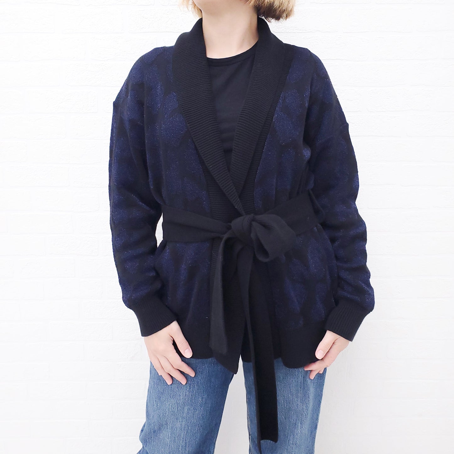 RTA BLACK AND NAVY LEOPARD WRAP CARDIGAN - SIZE M