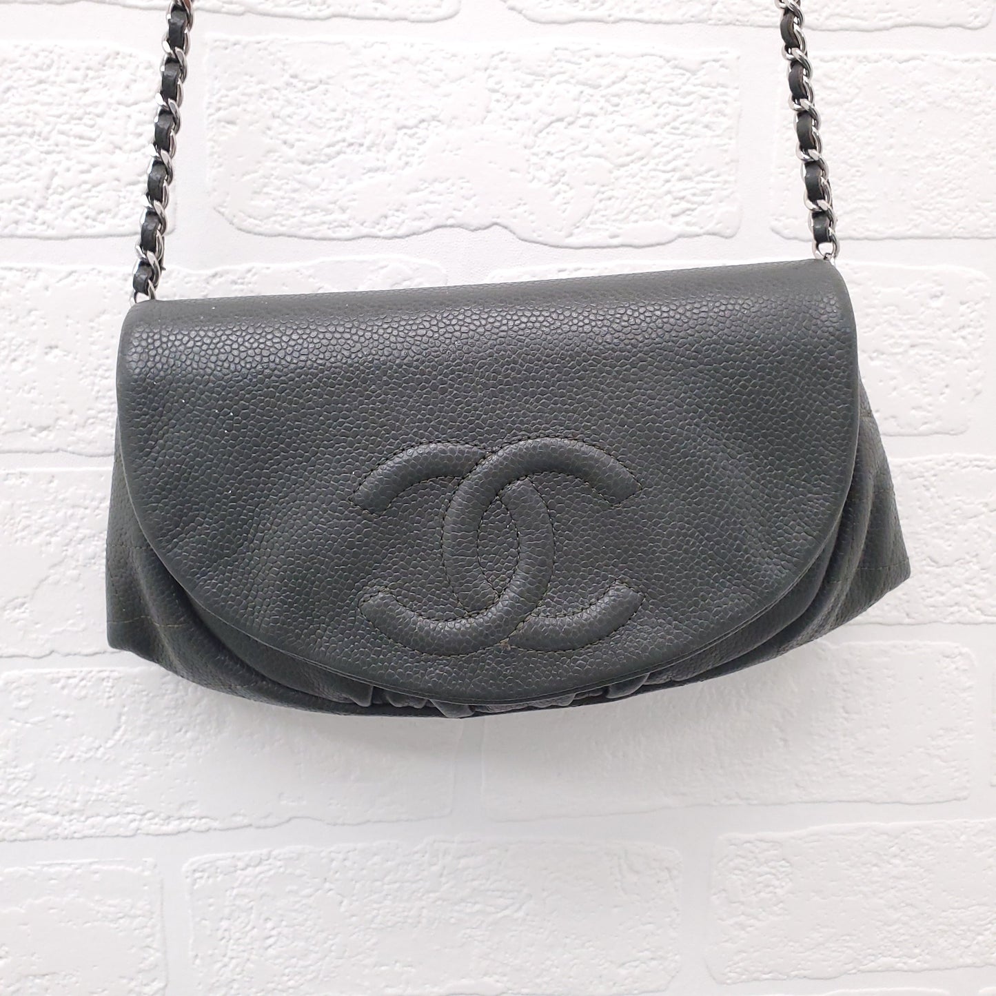 CHANEL KAKI HALF CRESCENT INTERLOCKING CC WALLET ON CHAIN