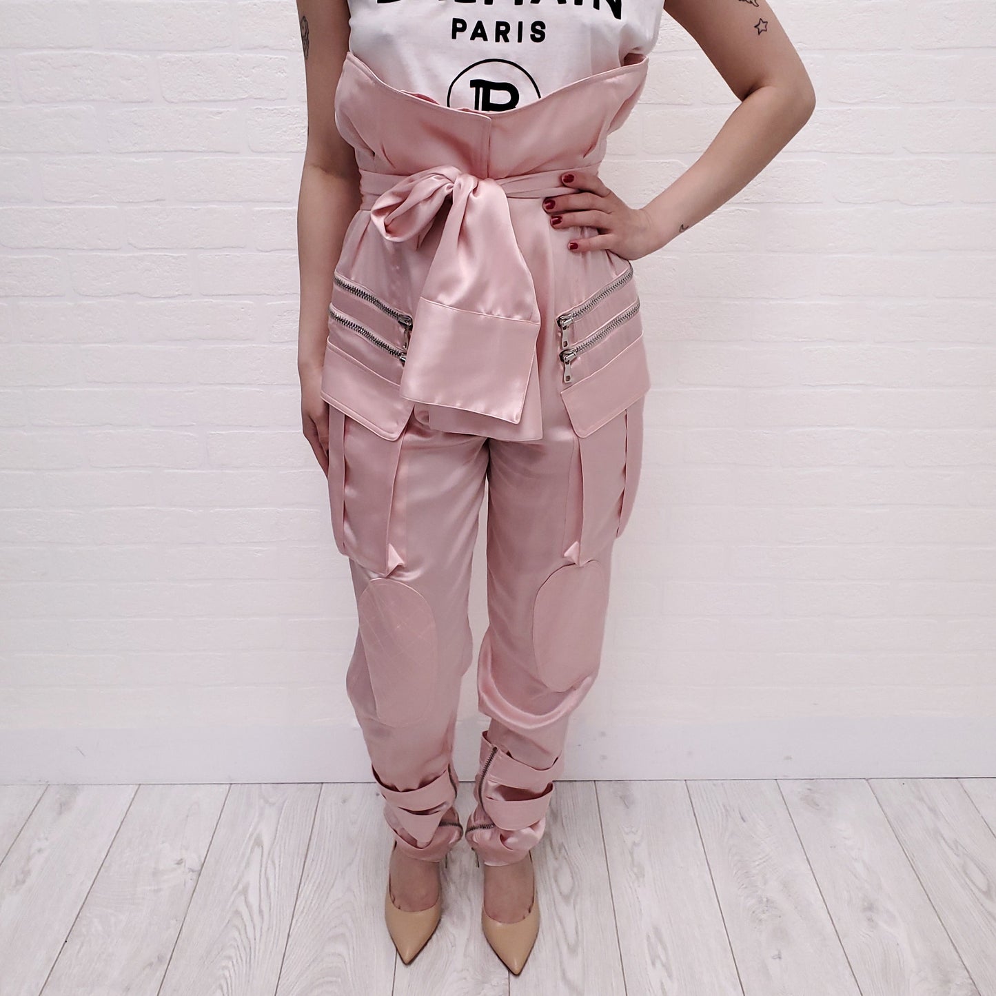 BALMAIN RUNWAY PINK SILK CARGO TROUSERS - SIZE 34