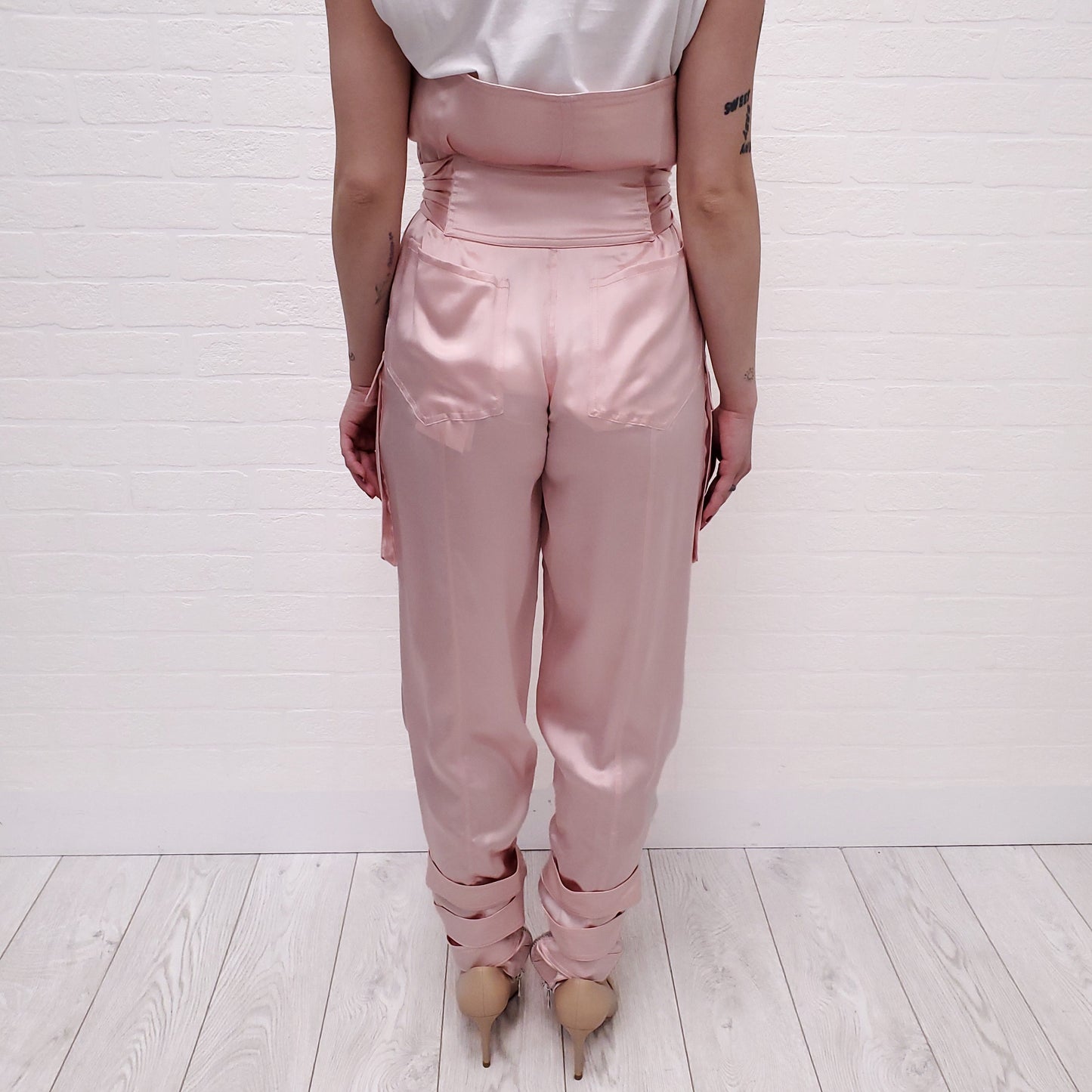 BALMAIN RUNWAY PINK SILK CARGO TROUSERS - SIZE 34