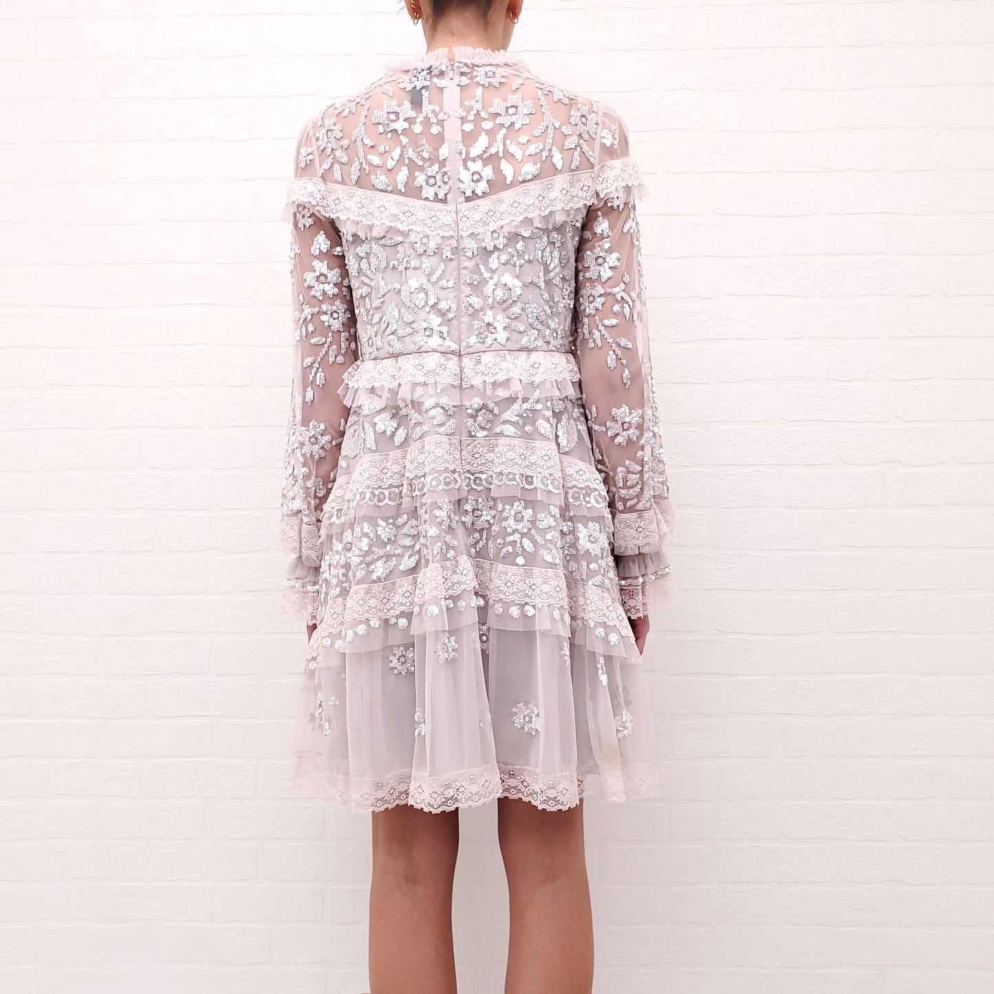 NEEDLE & THREAD GREY SEQUIN AND LACE DRESS - SIZE 6