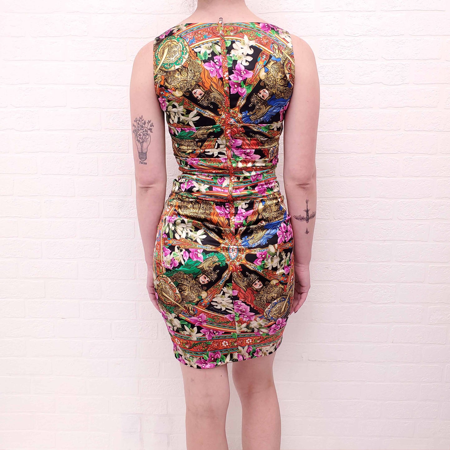DOLCE & GABBANA ROYAL PATTERN RUCHED SILK ELASTIC DRESS - SIZE 38