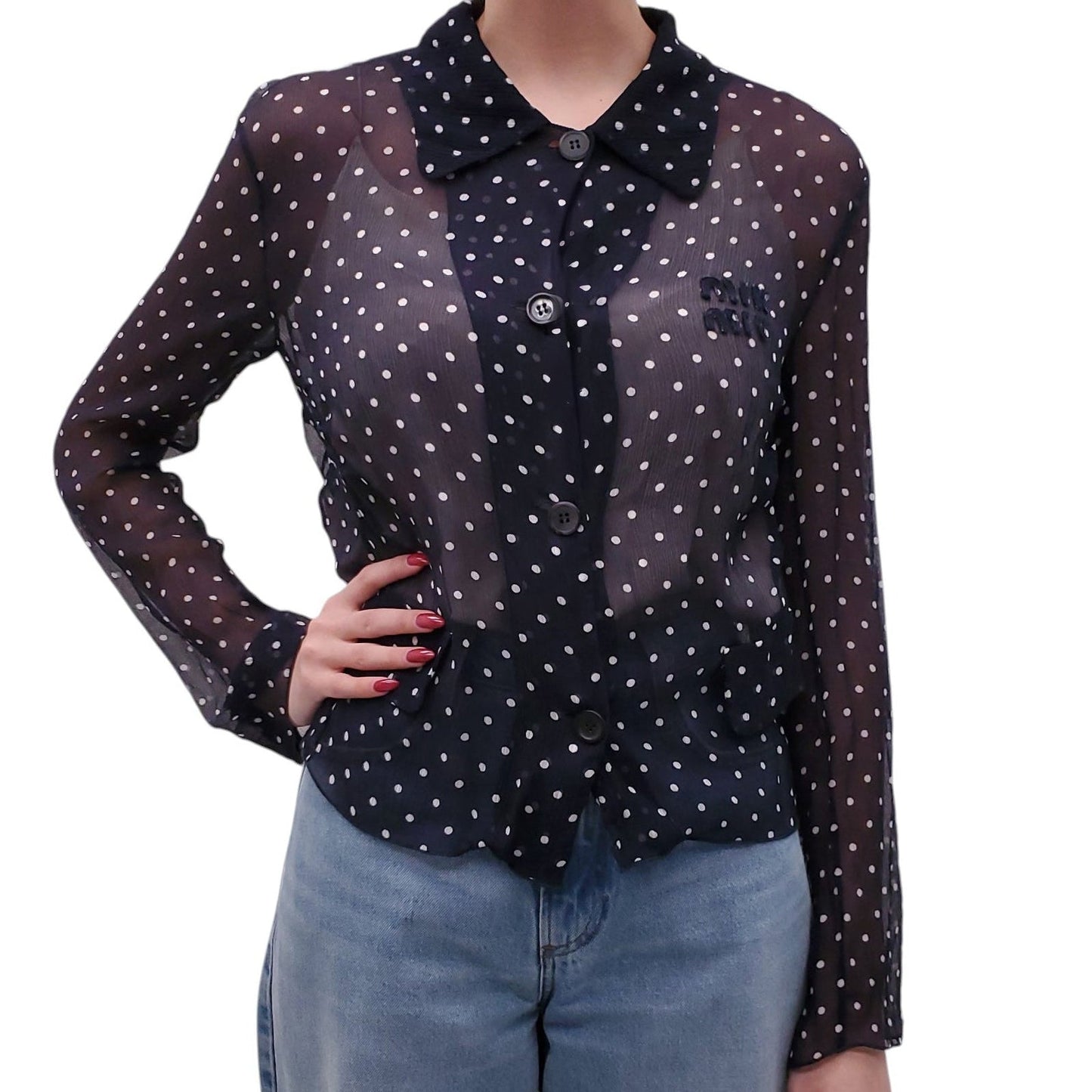 MIU MIU NAVY AND WHITE POLKA DOT SHEER LOGO BLOUSE - SIZE M