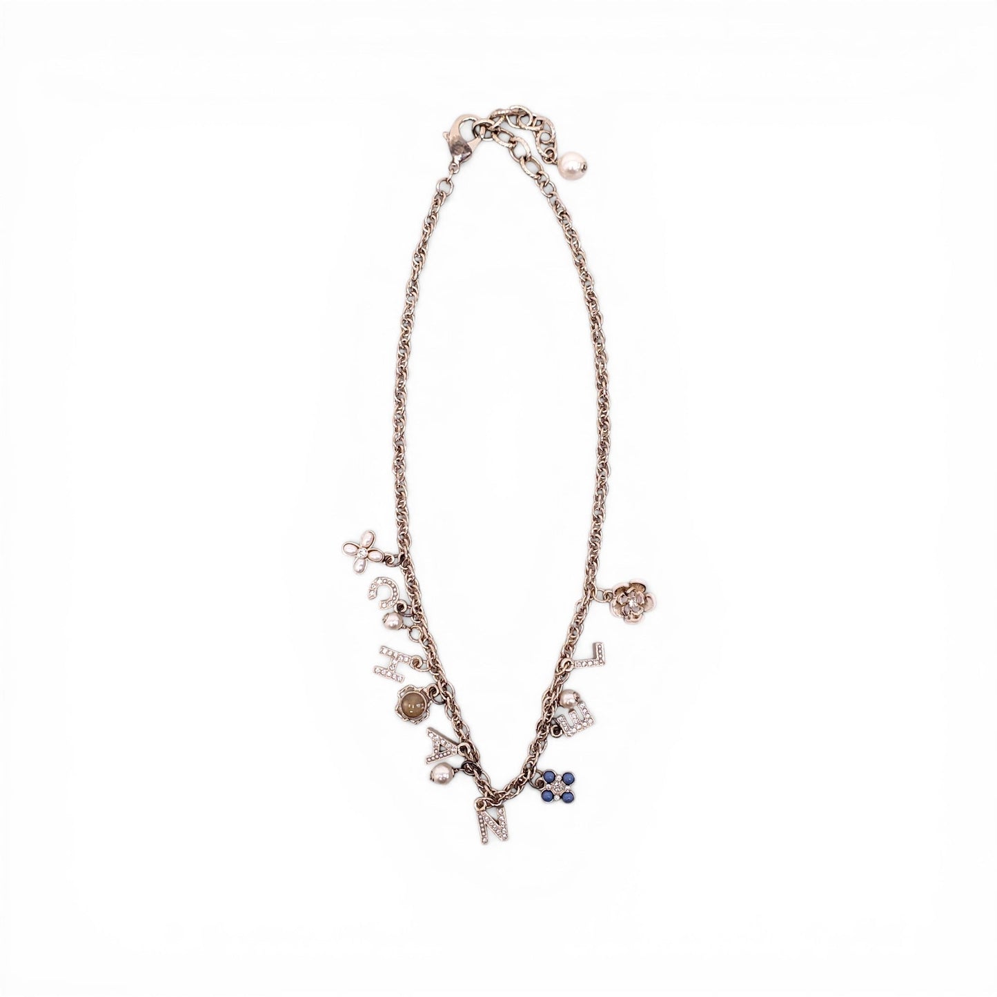 CHANEL GOLD LETTER CRYSTAL FLOWER CHAIN NECKLACE