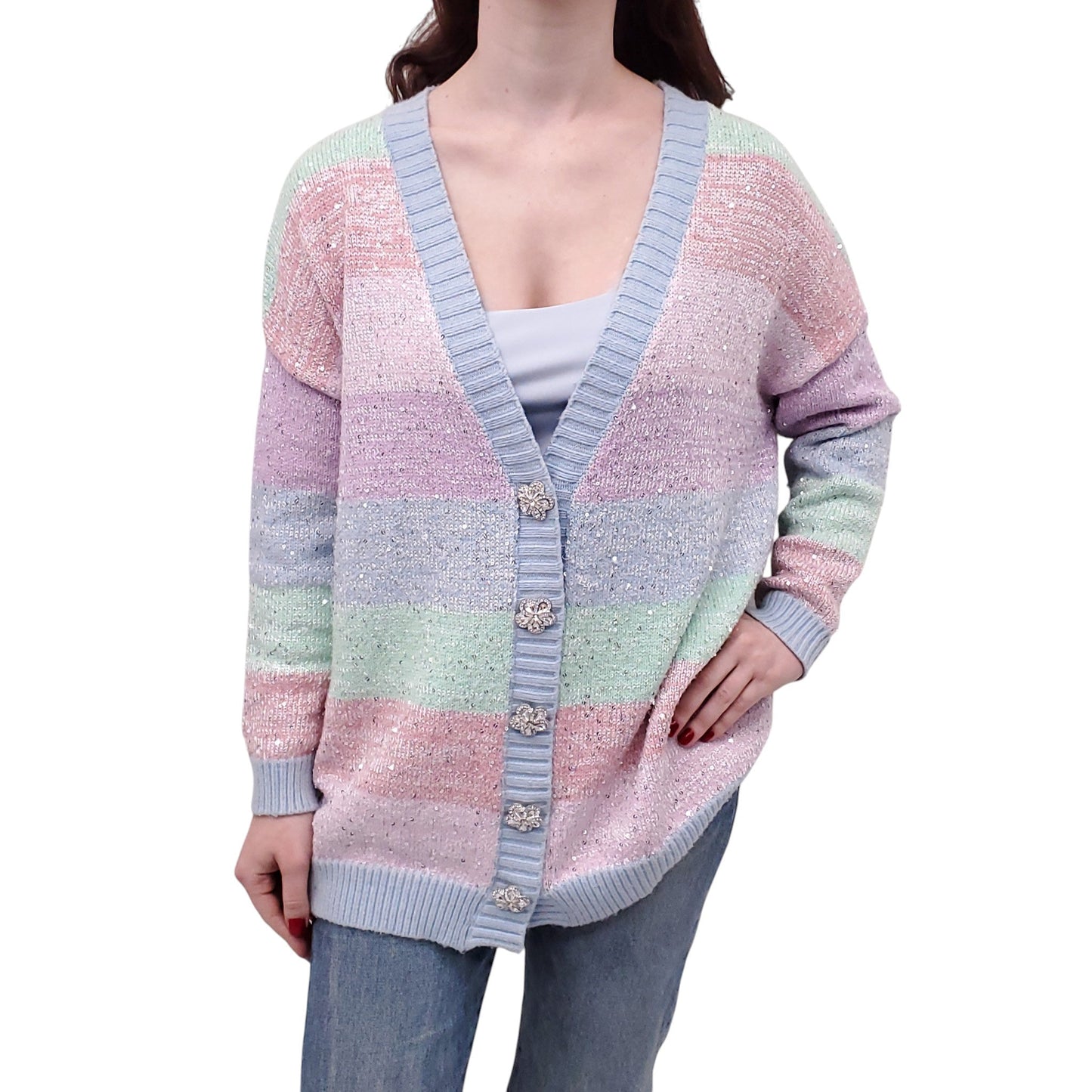OLIVIA RUBIN RAINBOW SEQUIN CARDIGAN WITH CRYSTAL BUTTONS - SIZE S
