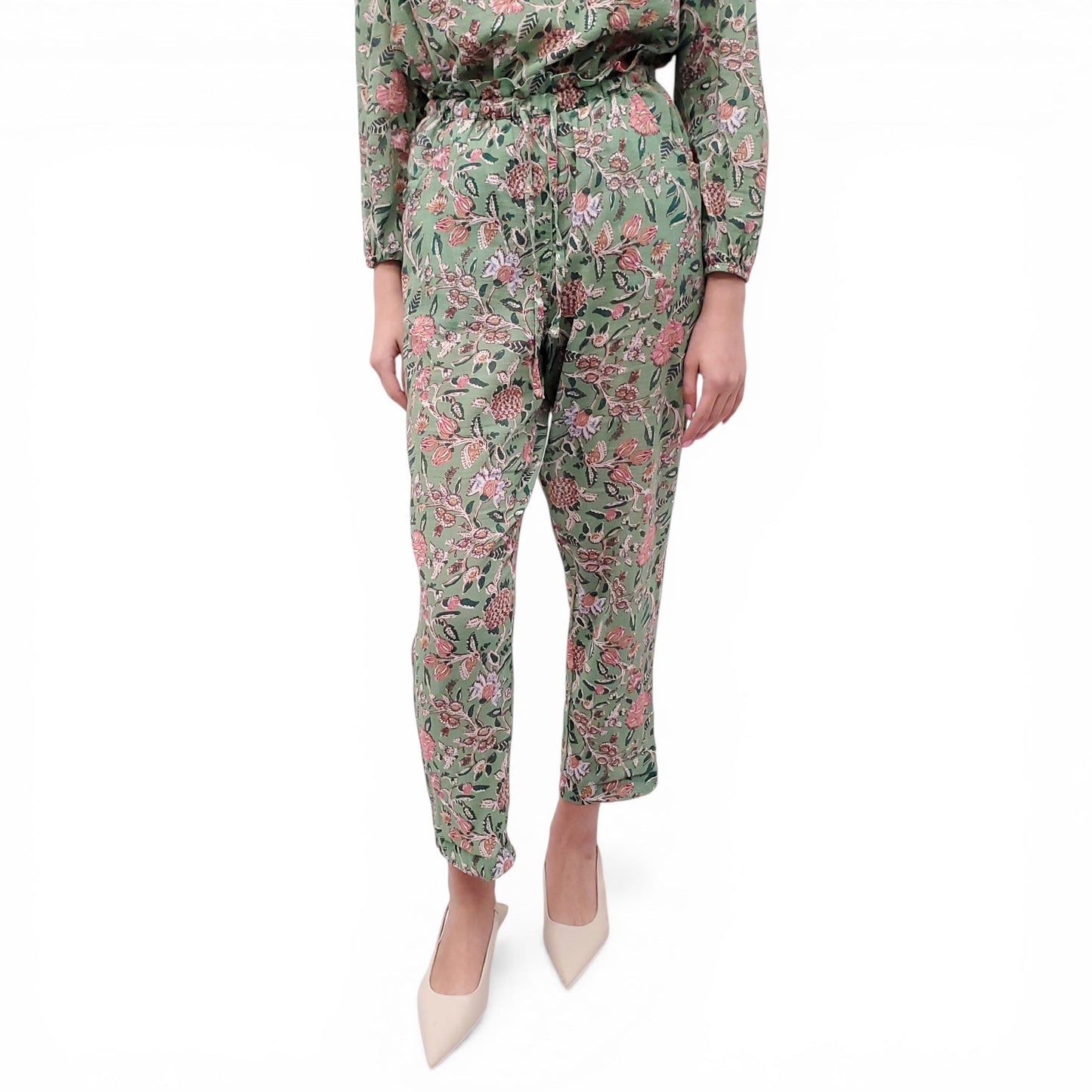 XIRENA GREEN FLORAL BLOUSE AND TROUSERS SET - SIZE XS/S