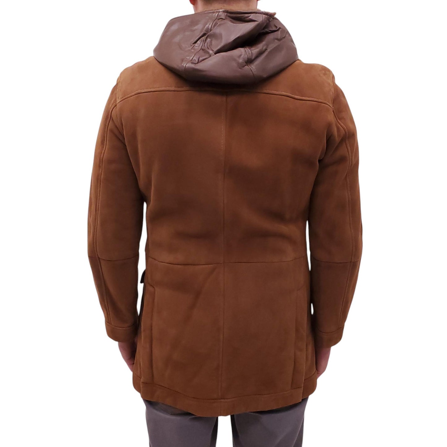 B.C. BROWN SUEDE, LEATHER, AND FUR DUFFLECOAT - MEN'S SIZE M
