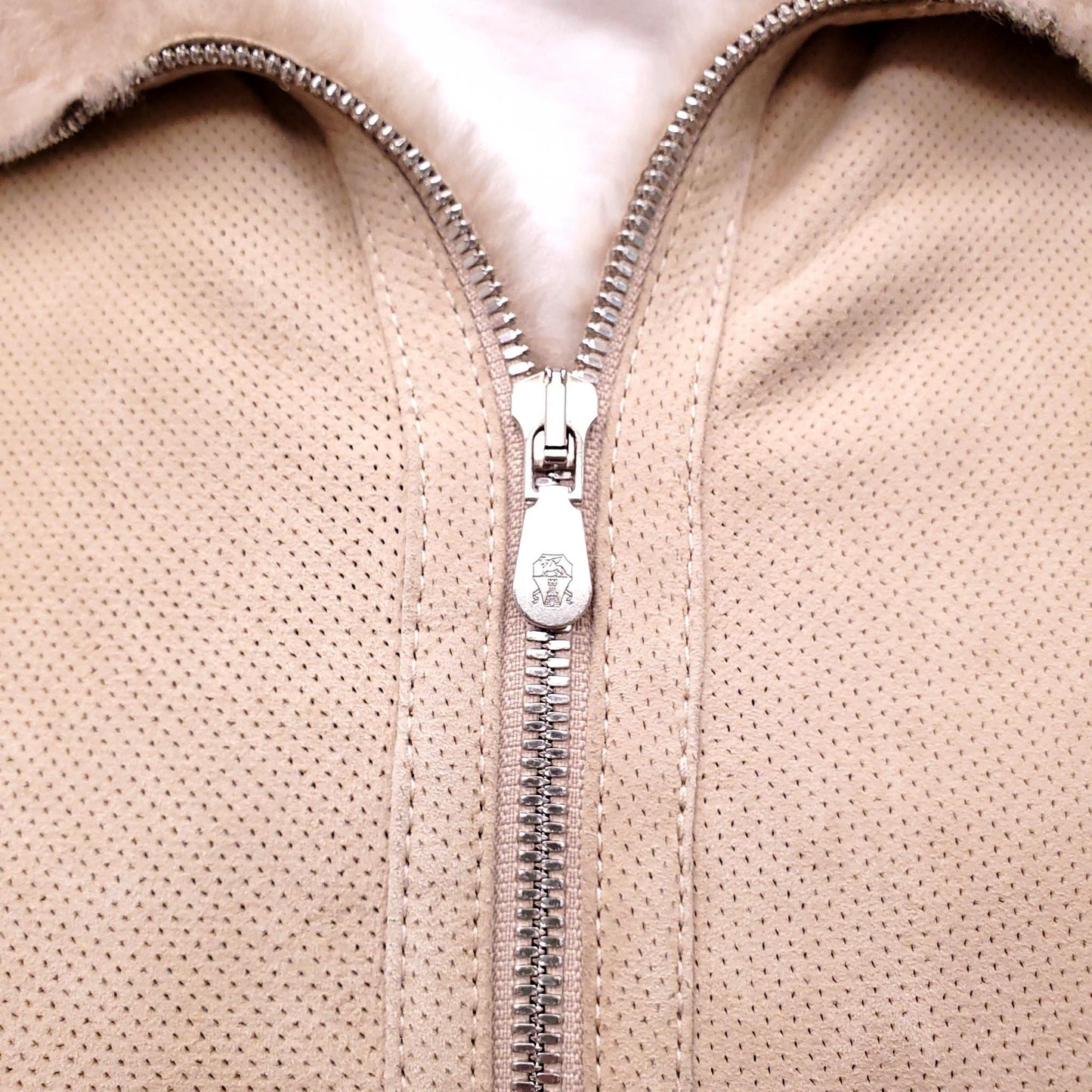 B.C. CREAM SHEARLING LINED PERFORATED SUEDE BOMBER JACKET - MEN'S SIZE M
