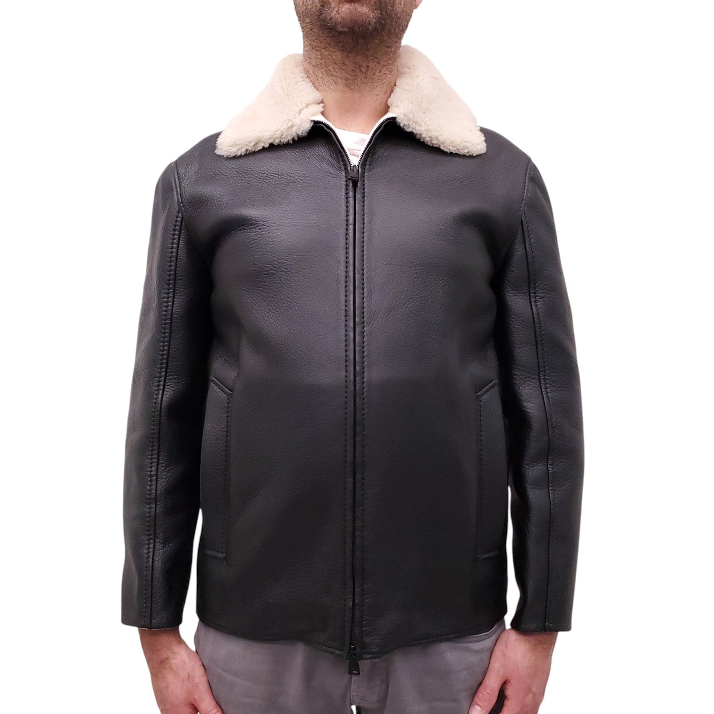 FENDI LEATHER BOMBER JACKET WITH SHEARLING COLLAR AND CASHMERE INTERIOR - MEN'S SIZE 48