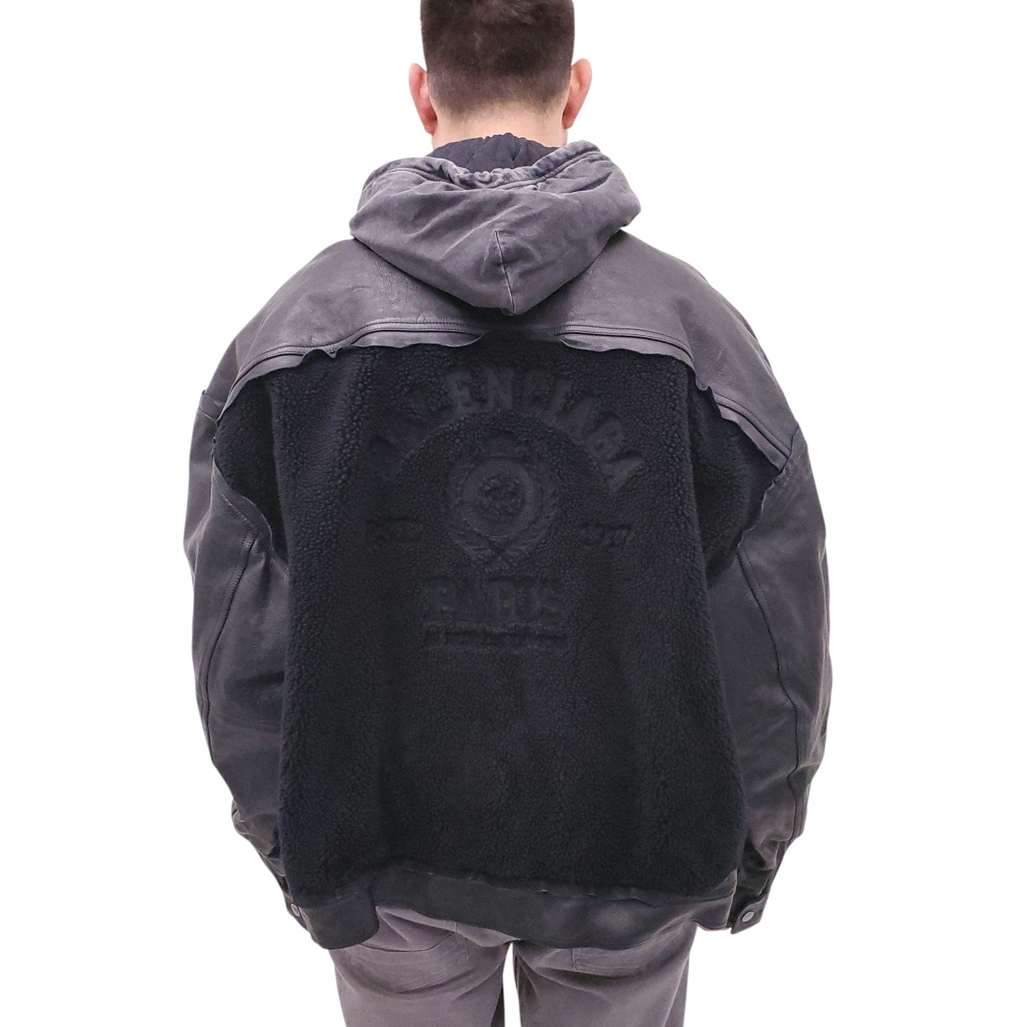 BALENCIAGA BLACK LEATHER & SHEARLING HOODED OVERSIZED JACKET - MEN'S SIZE M