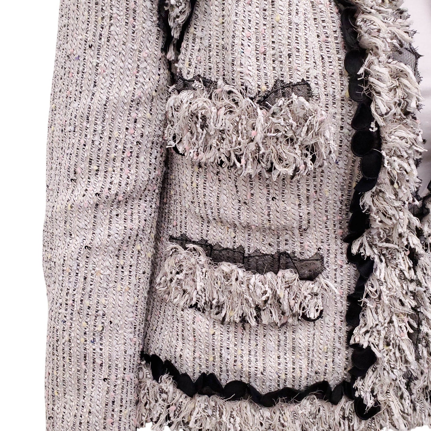 CHANEL 2004 GREY MULTI-COLOUR TWEED JACKET WITH FRINGE AND MESH DETAIL - SIZE 40