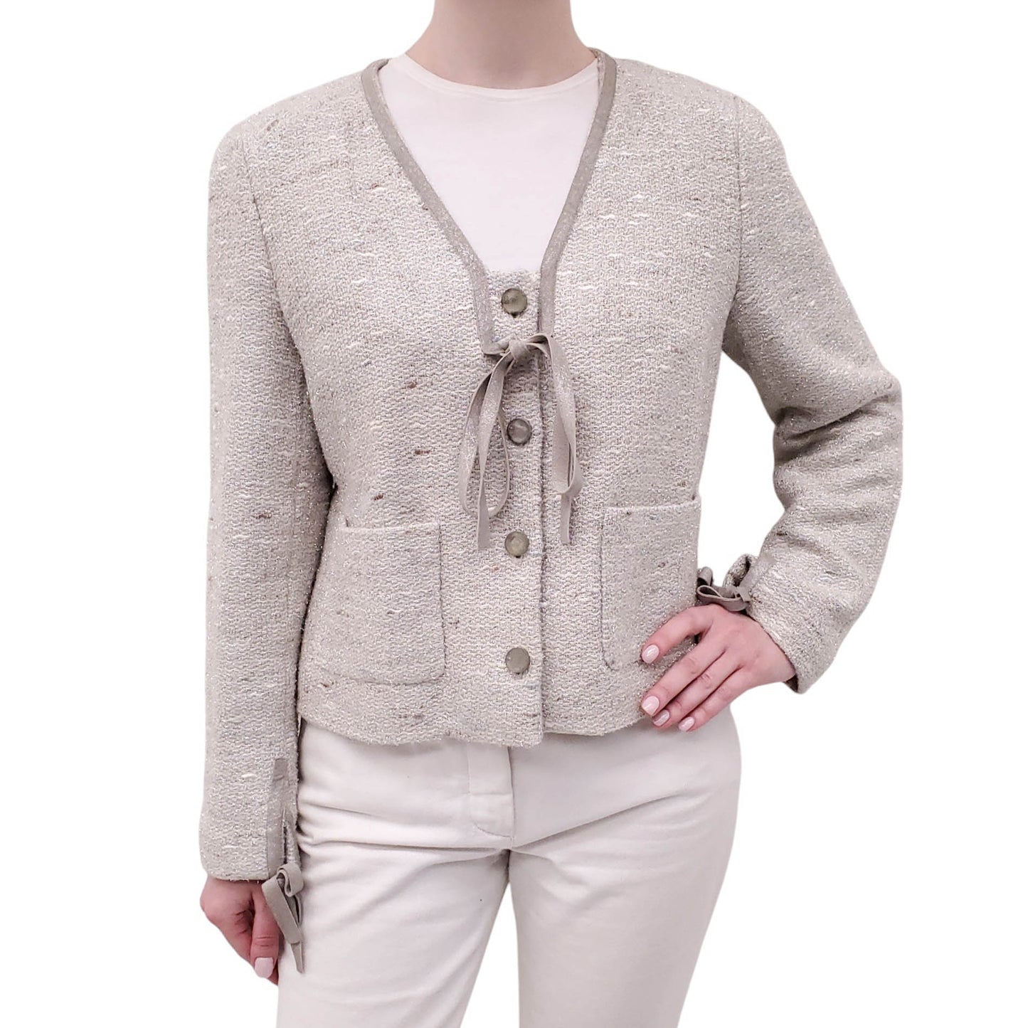 CHANEL F/W 1999 SILVER METALLIC JACKET WITH TIE DETAILS - SIZE 42