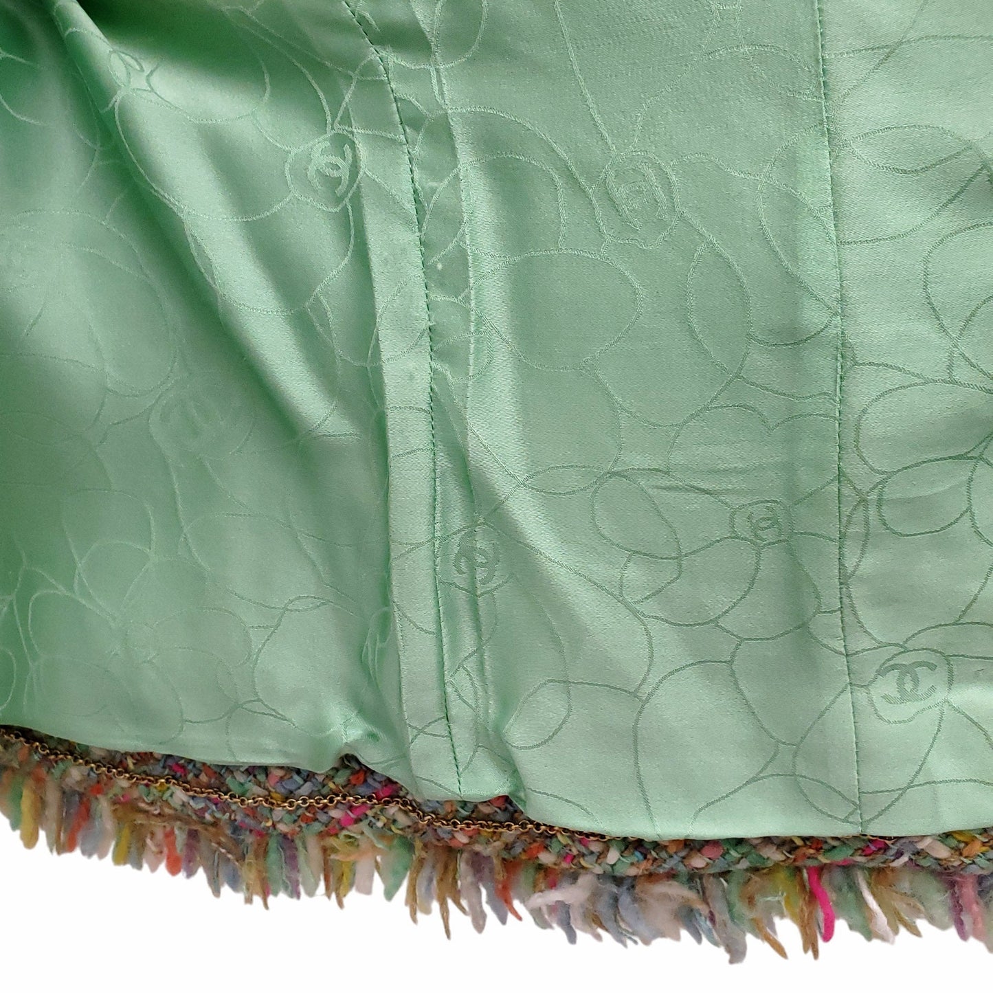 CHANEL GREEN AND PINK TWEED JACKET WITH SILK FLORAL TRIM - SIZE 38