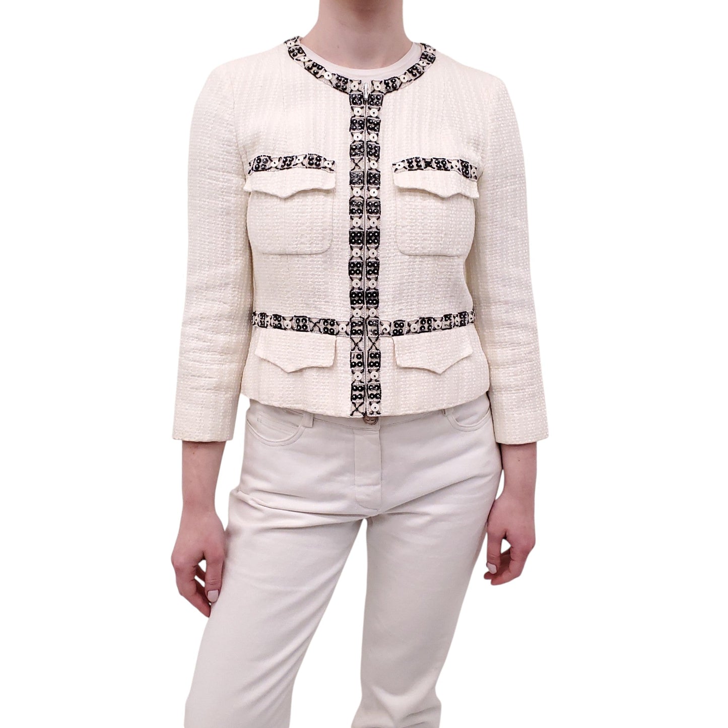 CHANEL CREAM ZIP UP JACKET WITH FLORAL BEADED TRIM AND LOGO DETAIL - SIZE 40