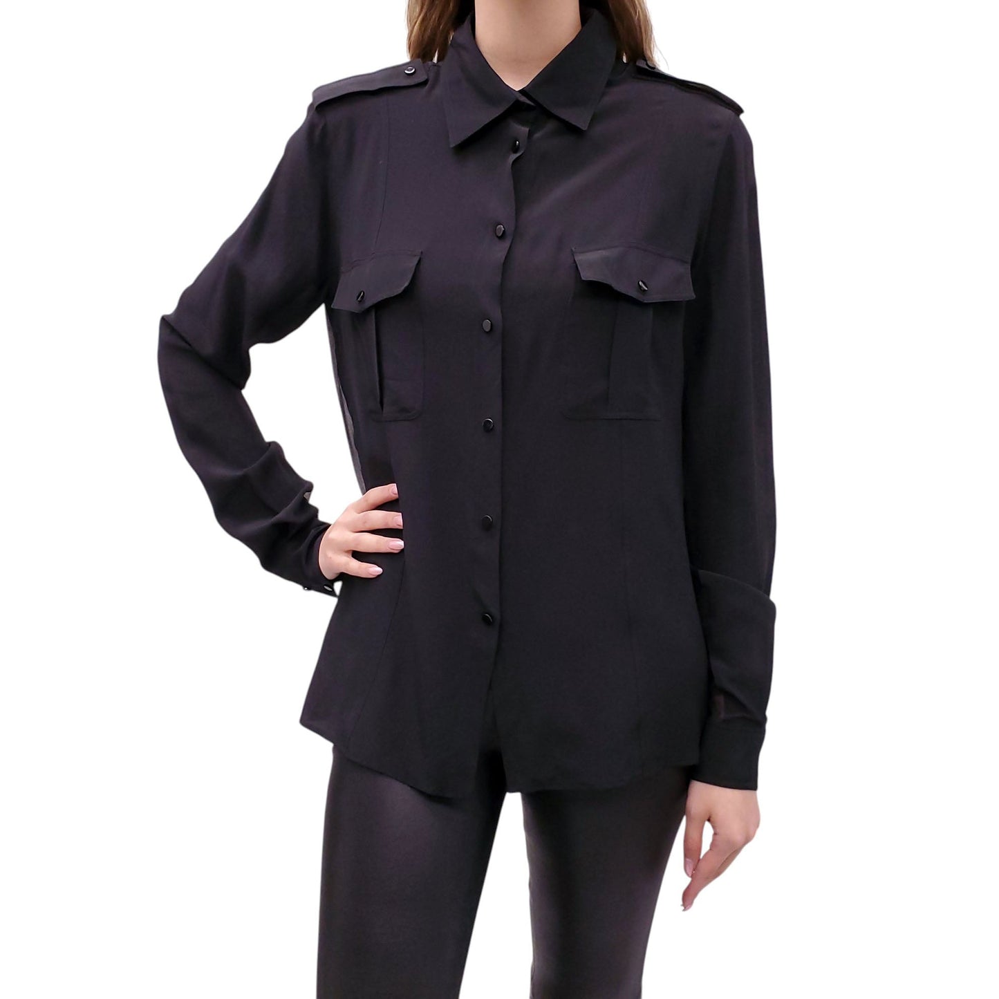 TOM FORD BLACK SILK CREPE MILITARY SHIRT - SIZE 44