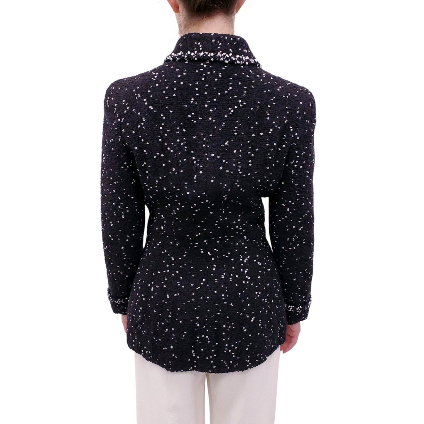 CHANEL F/W 1995 BLACK AND WHITE TWEED JACKET WITH LOGO BUTTONS - SIZE 40