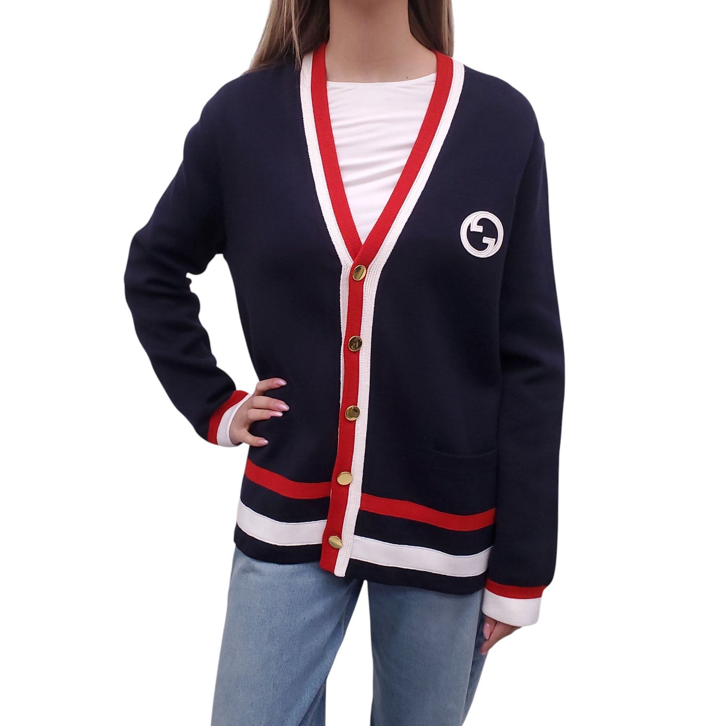 GUCCI NAVY, RED AND WHITE LOGO CARDIGAN - SIZE L