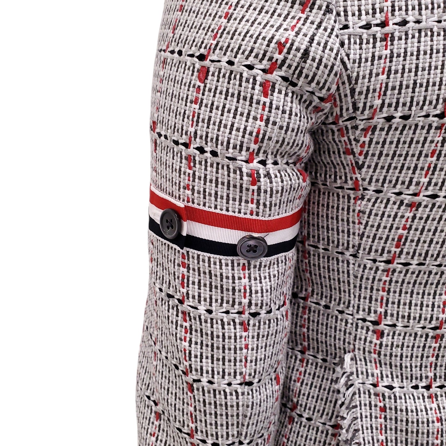 THOM BROWNE GREY FRAYED COTTON TWEED SPORT COAT WITH ARMBAND DETAILS - SIZE 36
