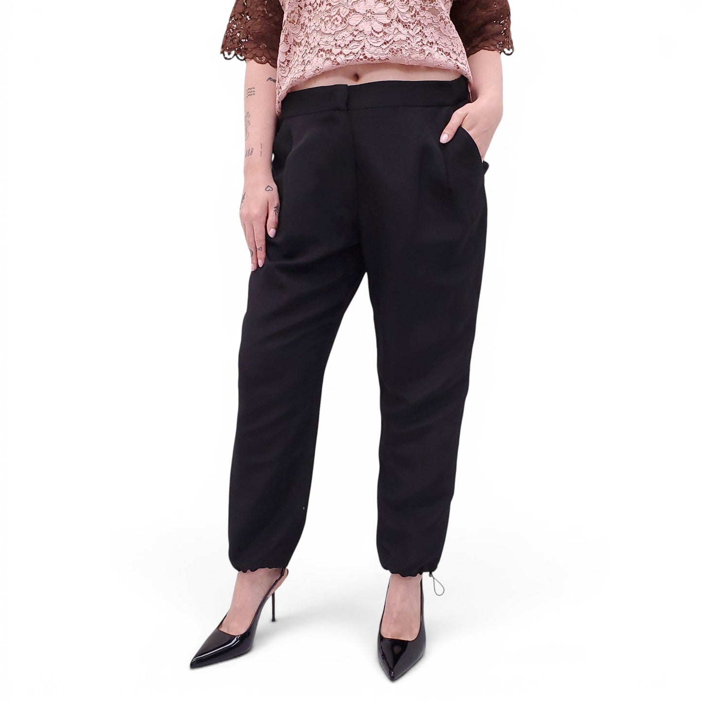 FABIANA FILIPPI BLACK TROUSERS WITH ELASTIC DETAIL AT BOTTOM - SIZE 46
