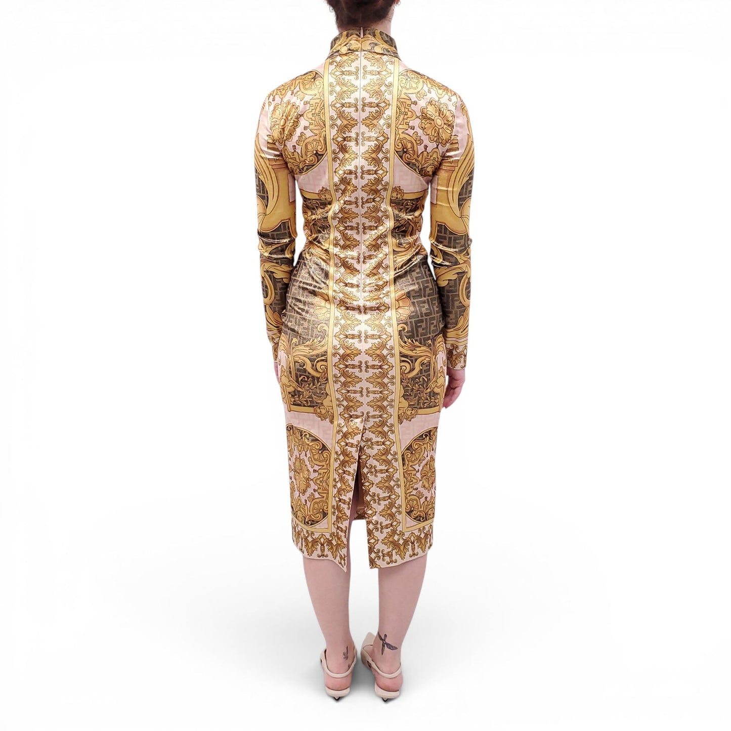 FENDACE PATTERNED MIDI DRESS WITH LOGO PIN DETAIL - SIZE 40