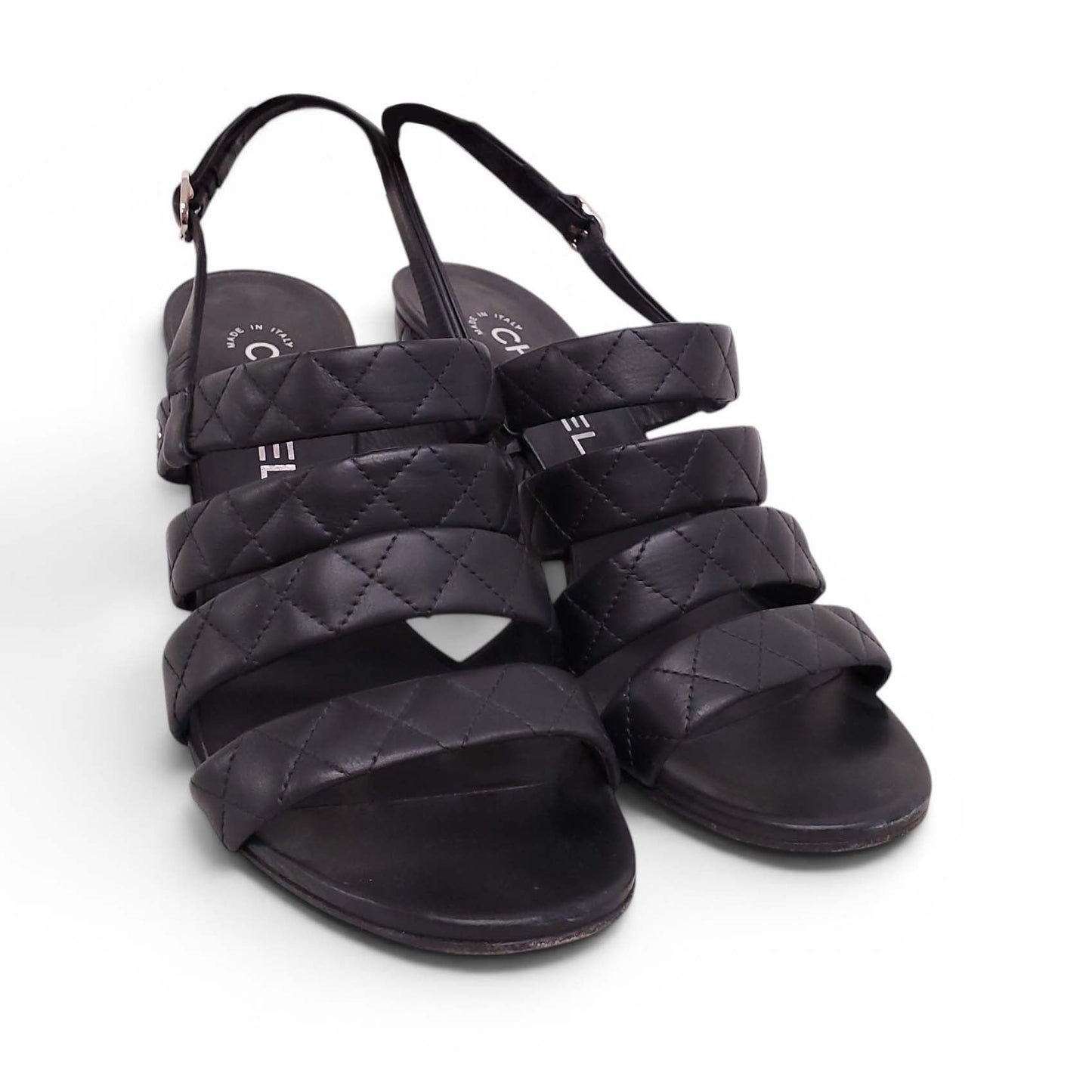 CHANEL QUILTED BLACK LEATHER BLOCK HEELS - SIZE 39.5