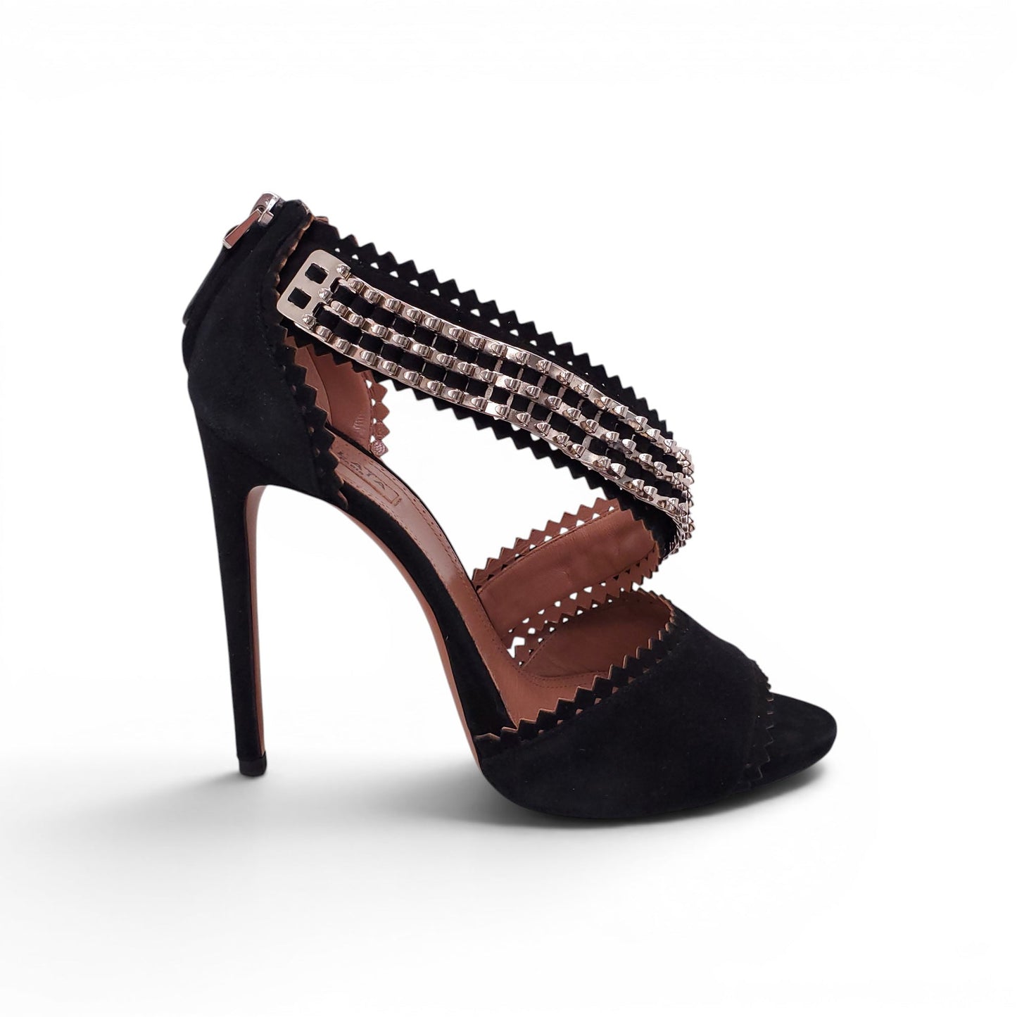 ALAÏA BLACK SUEDE CUTOUT HEELS WITH SILVER STUDDED DETAIL - SIZE 40