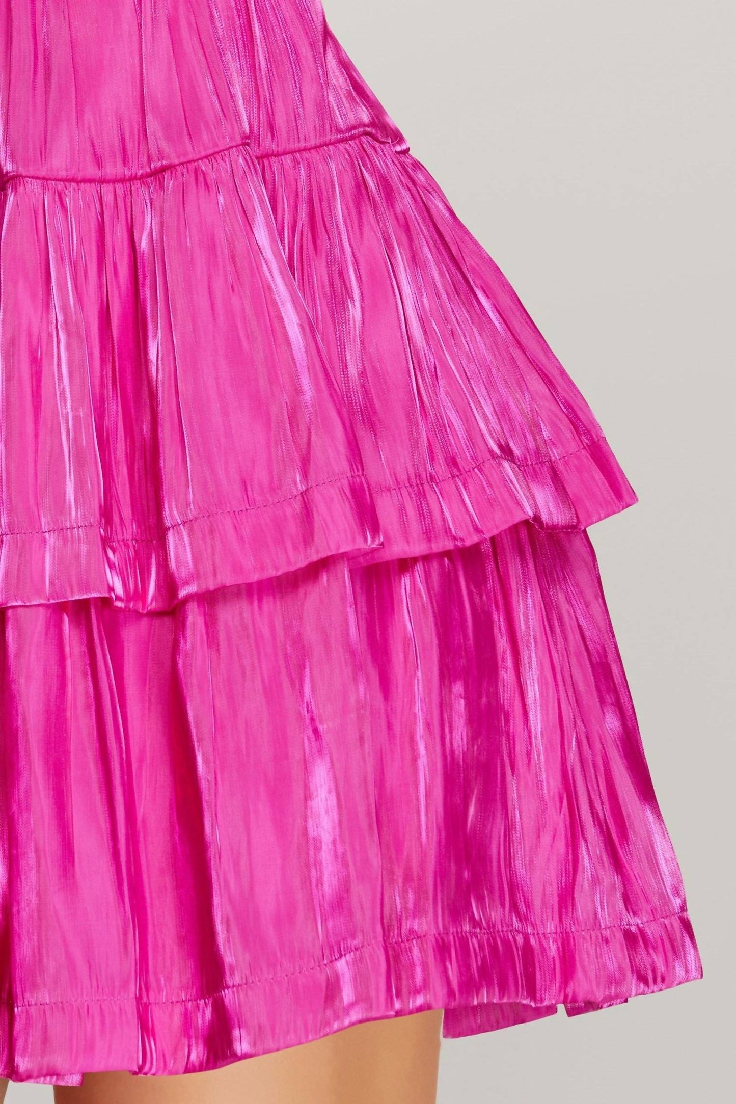 Long Sleeve Silky Woven Surplice Tiered Dress In Fuchsia