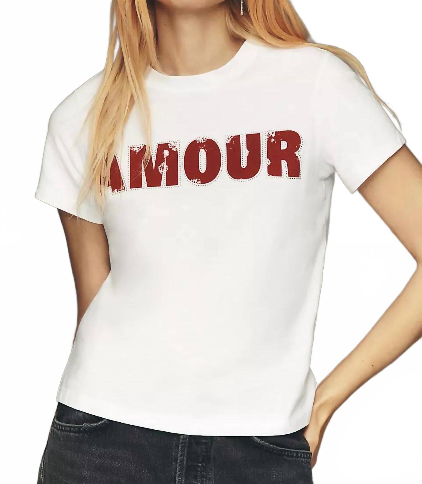 Amour Embellished Tee In White/ Cherry Lacquer