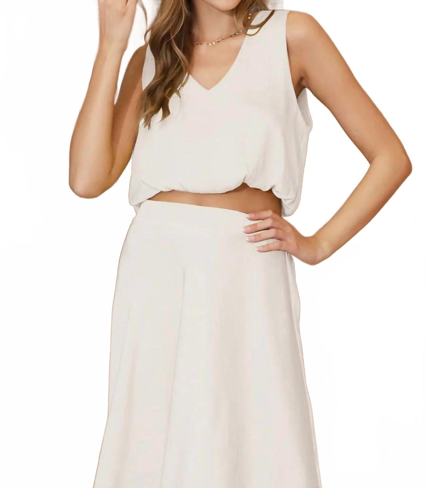 V-Neck Washed Satin Bubble Hem Top In Ivory