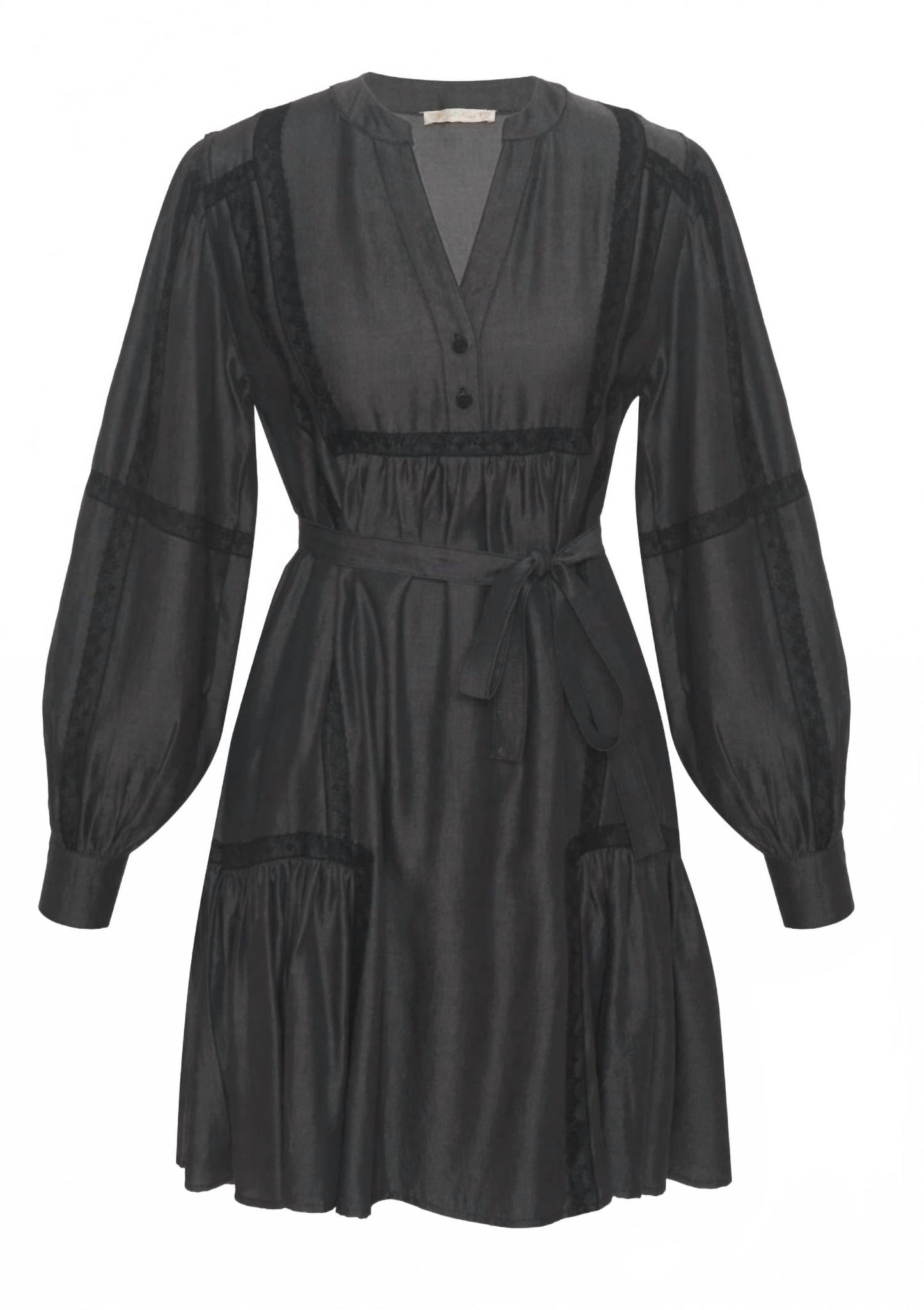 Denim Tencel Lace Trim Dress In Dark Grey