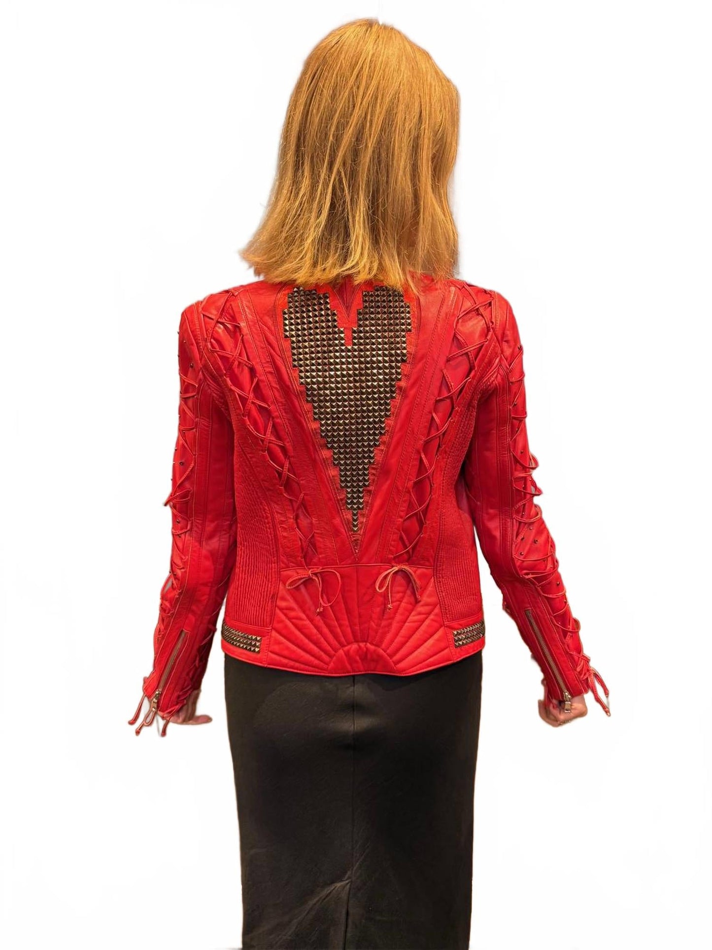 Laced Heart Leather Moto Jacket In Red