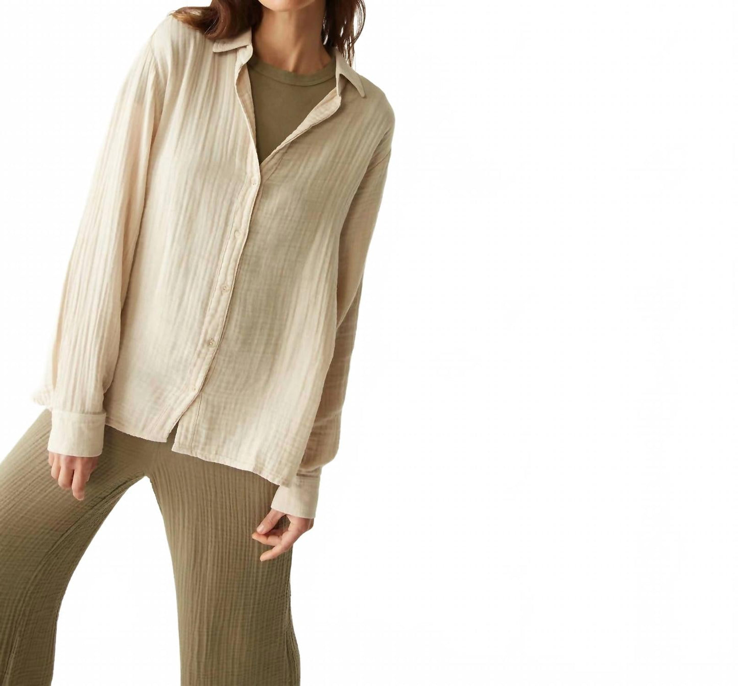 Leo Gauze Button Down Shirt In Beige