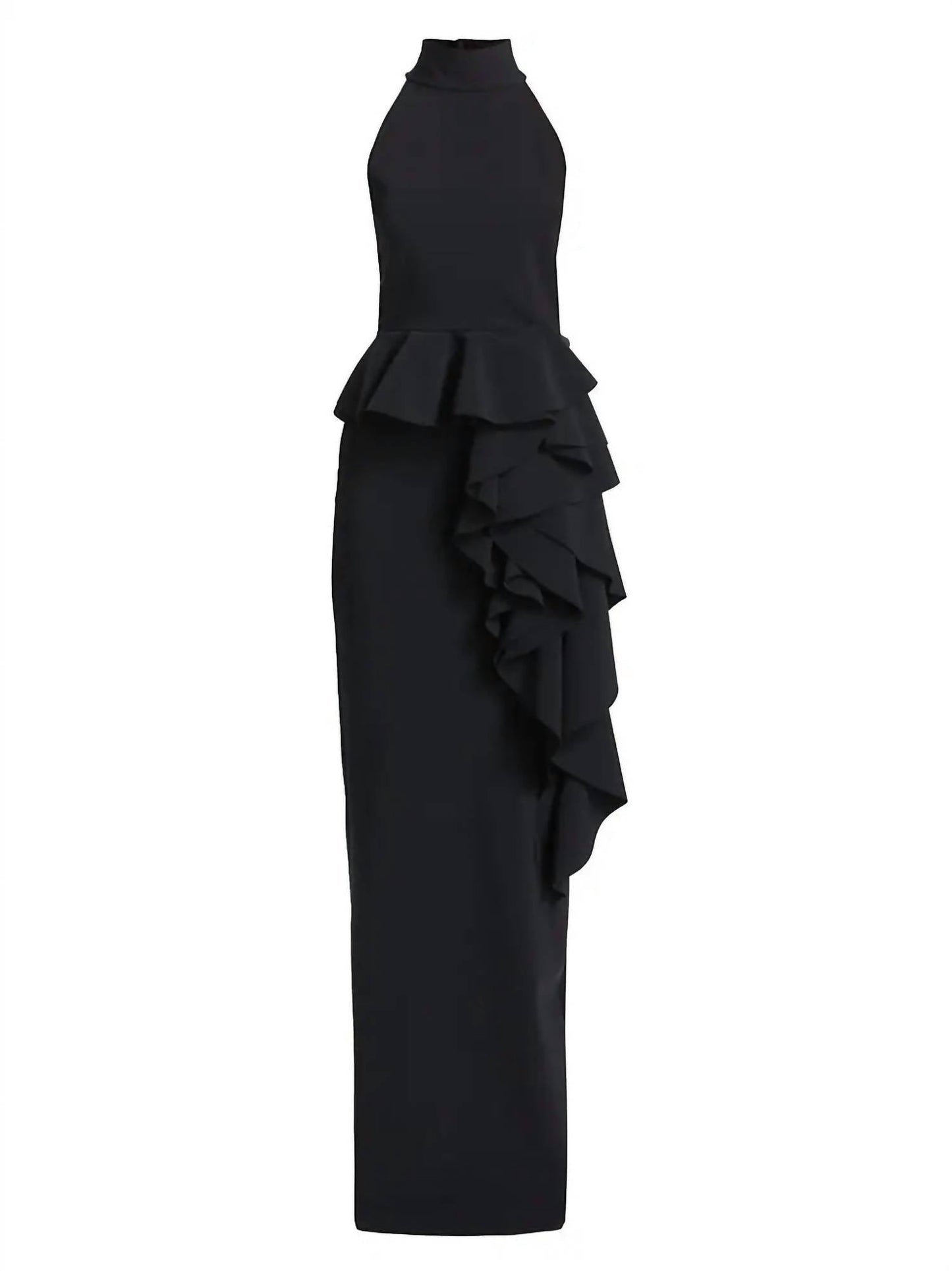Ah Ruffled High-Neck Gown In Black