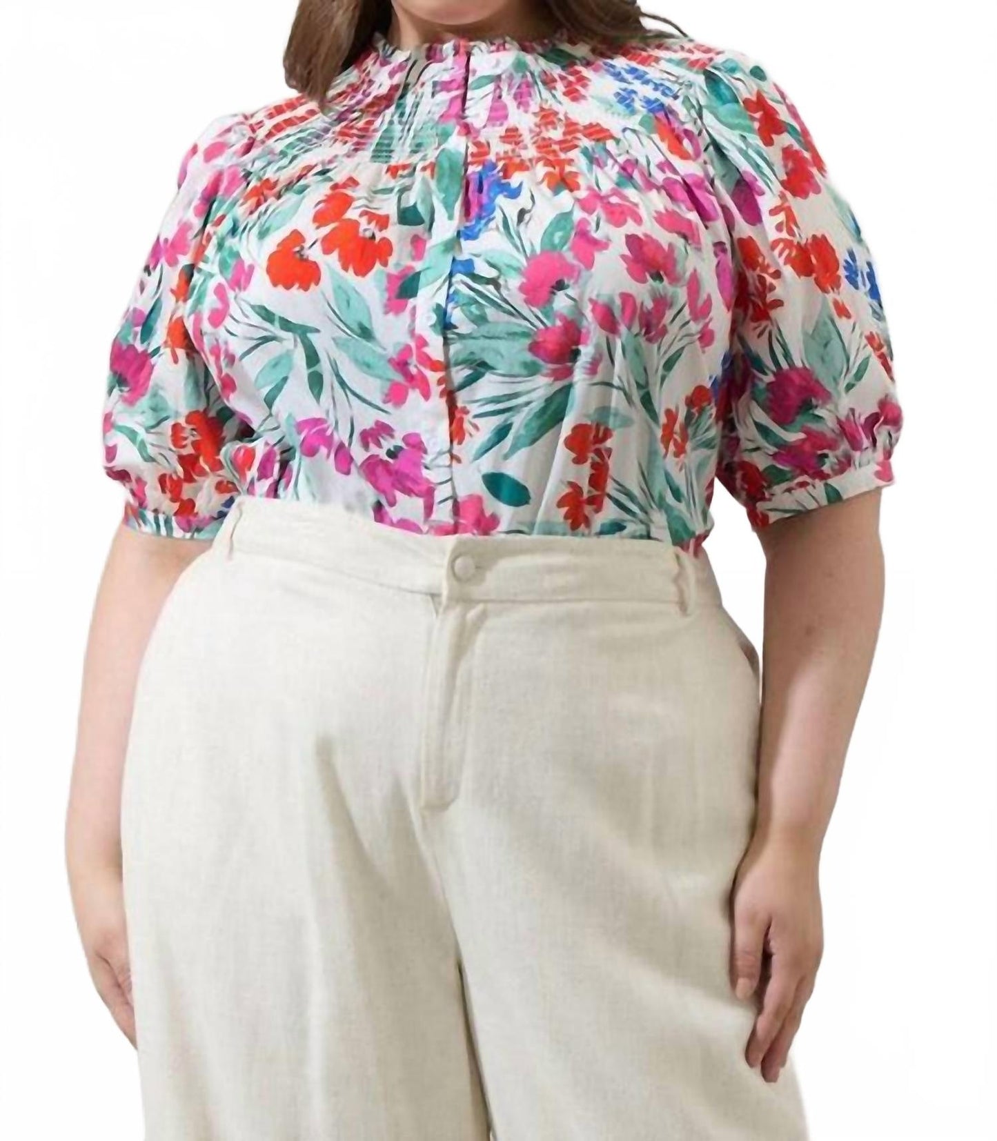 Kivia Blossom Smocked Neck Top In Floral