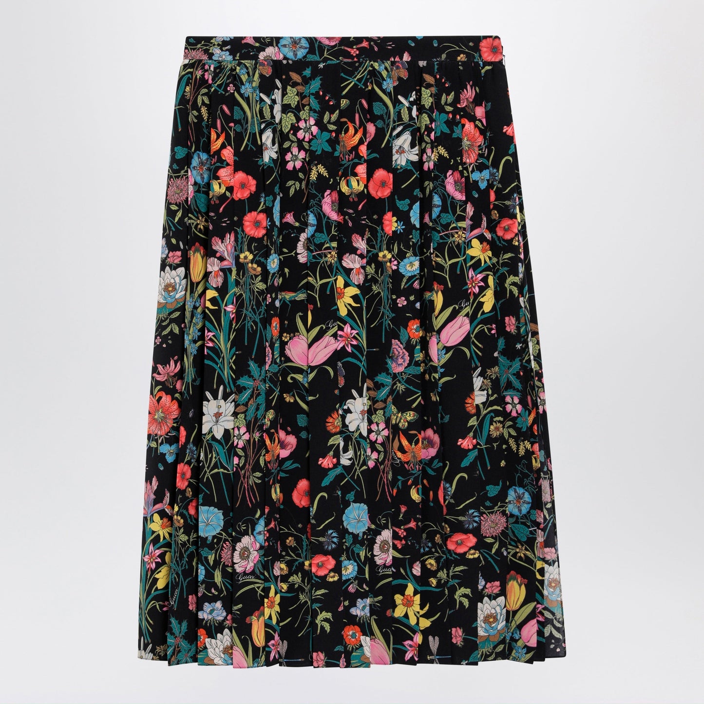 Gucci Pleated Midi Silk Skirt With Flora Print In Black Women