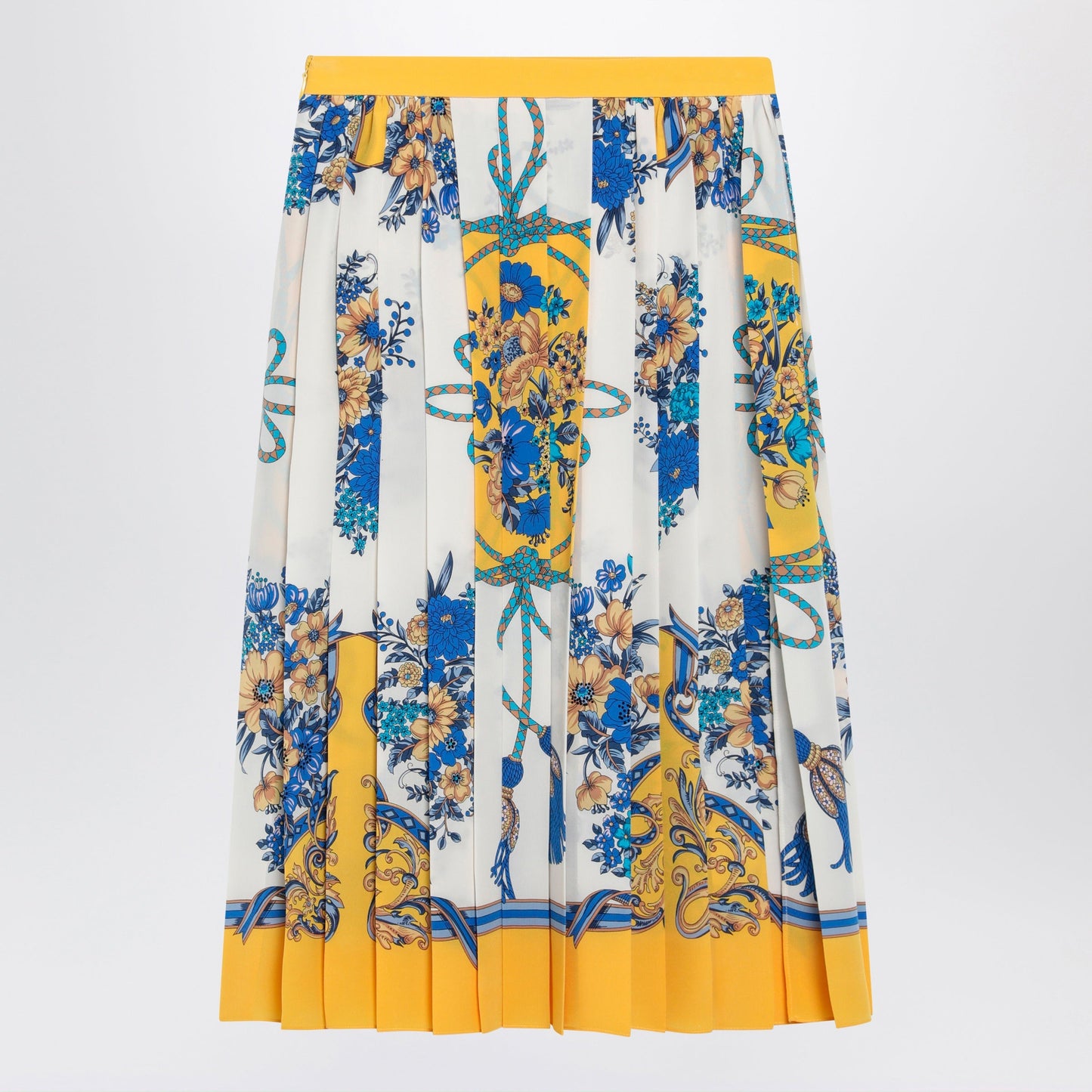 Gucci Pleated Midi Silk Skirt With Flora Print In Yellow/Ivory Women