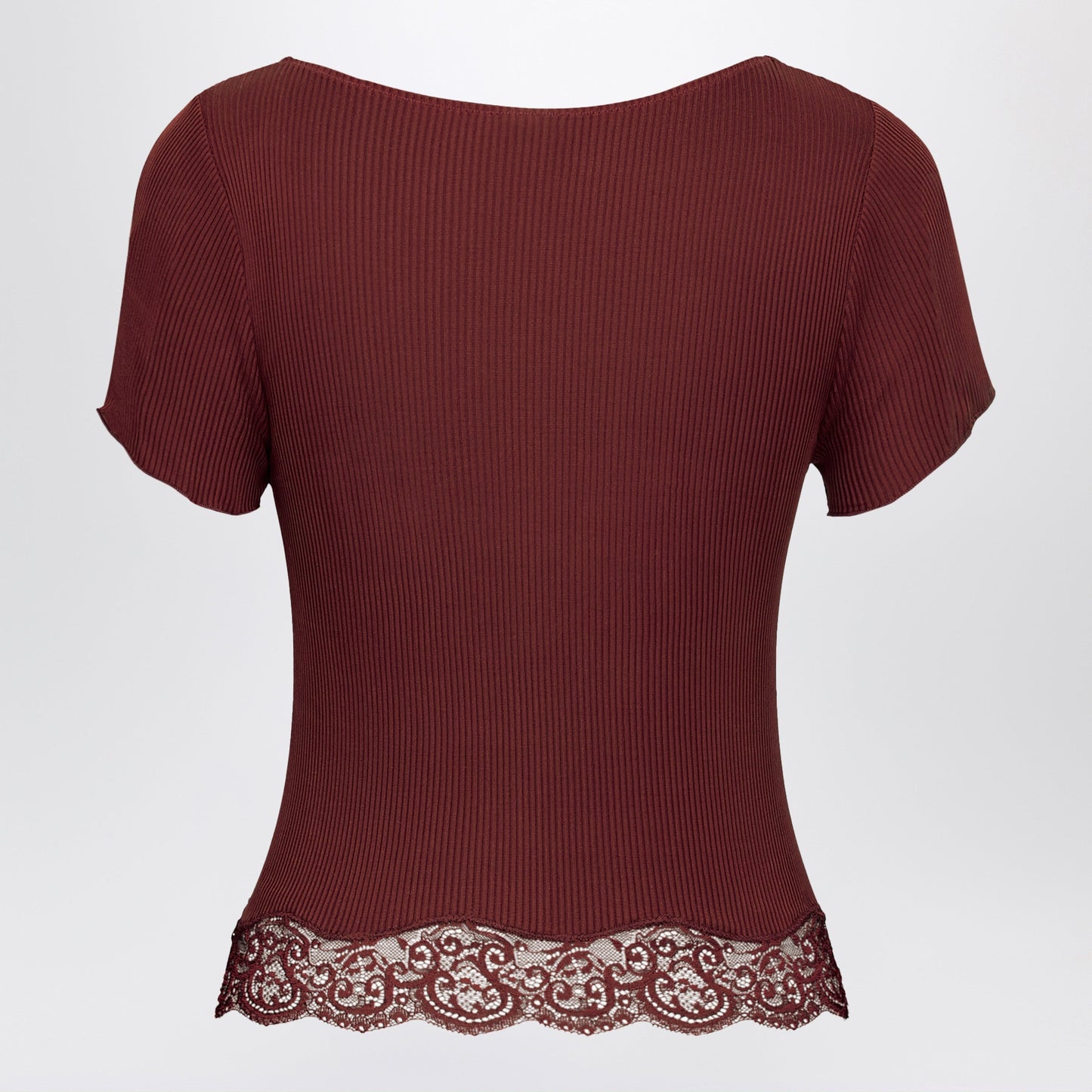 Saint Laurent Red Square-Neck Lace T-Shirt In Ribbed Silk Women