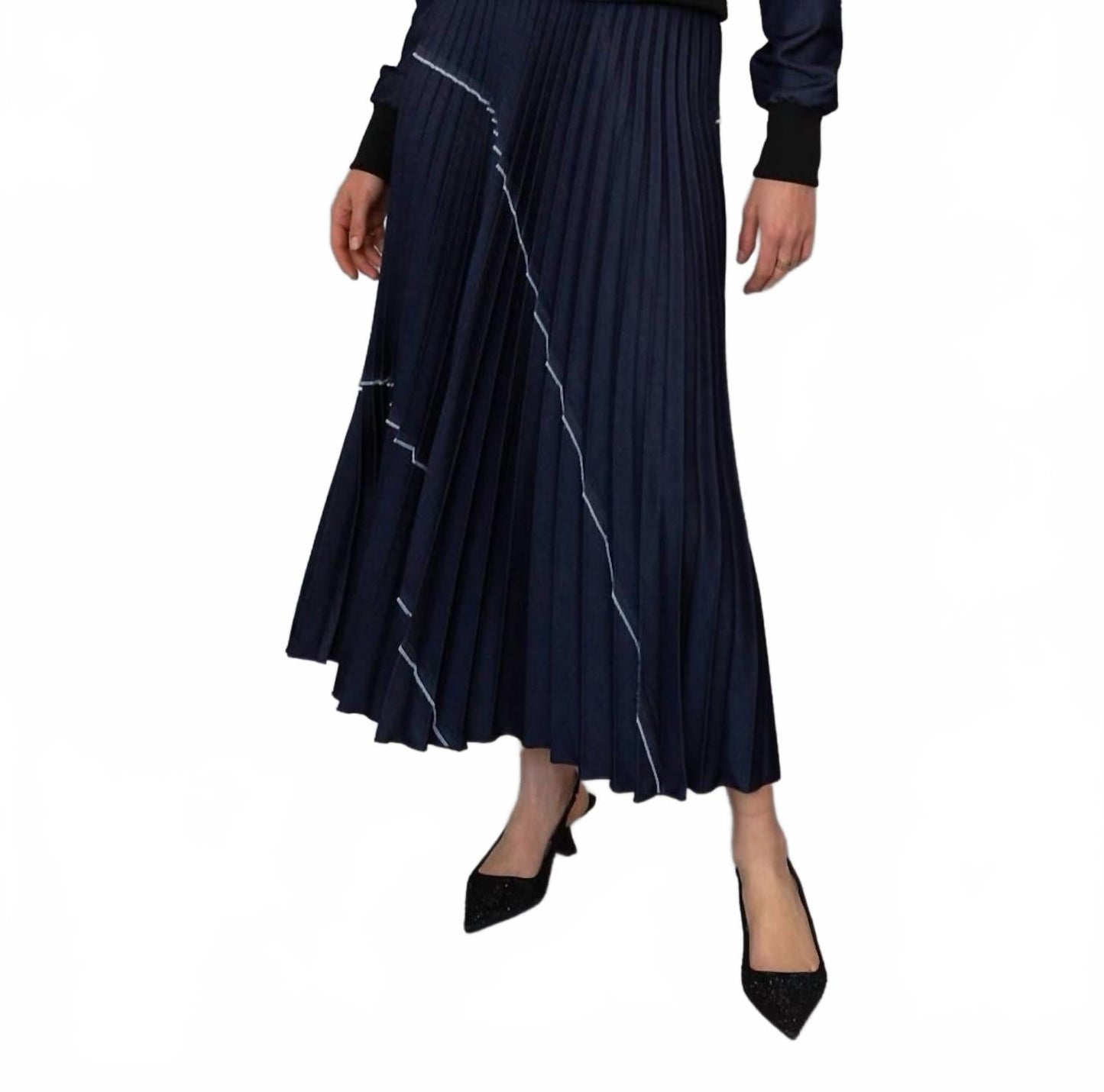 Denim Patchwork Pleat Skirt In Indigo