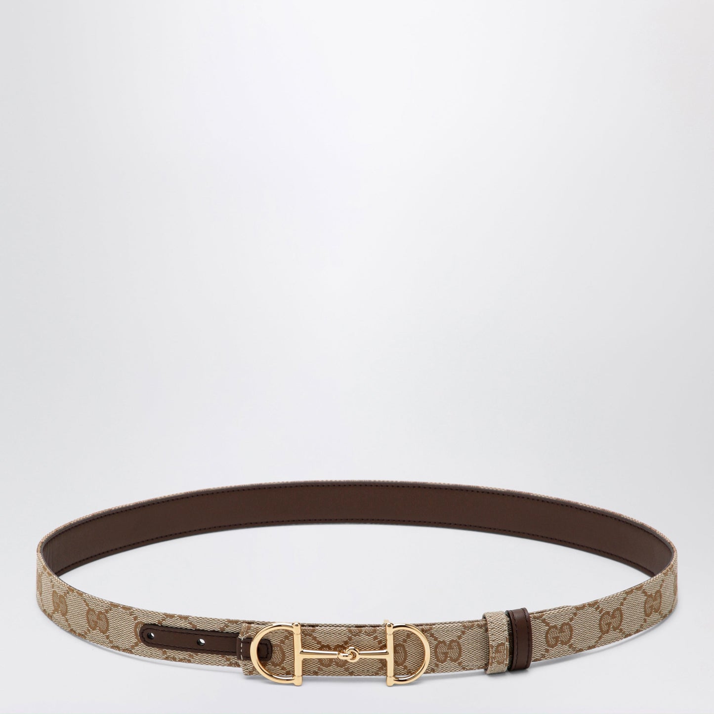 Gucci Reversible Gg Fabric And Leather Belt In Sand/Brown With Horsebit Buckle Women