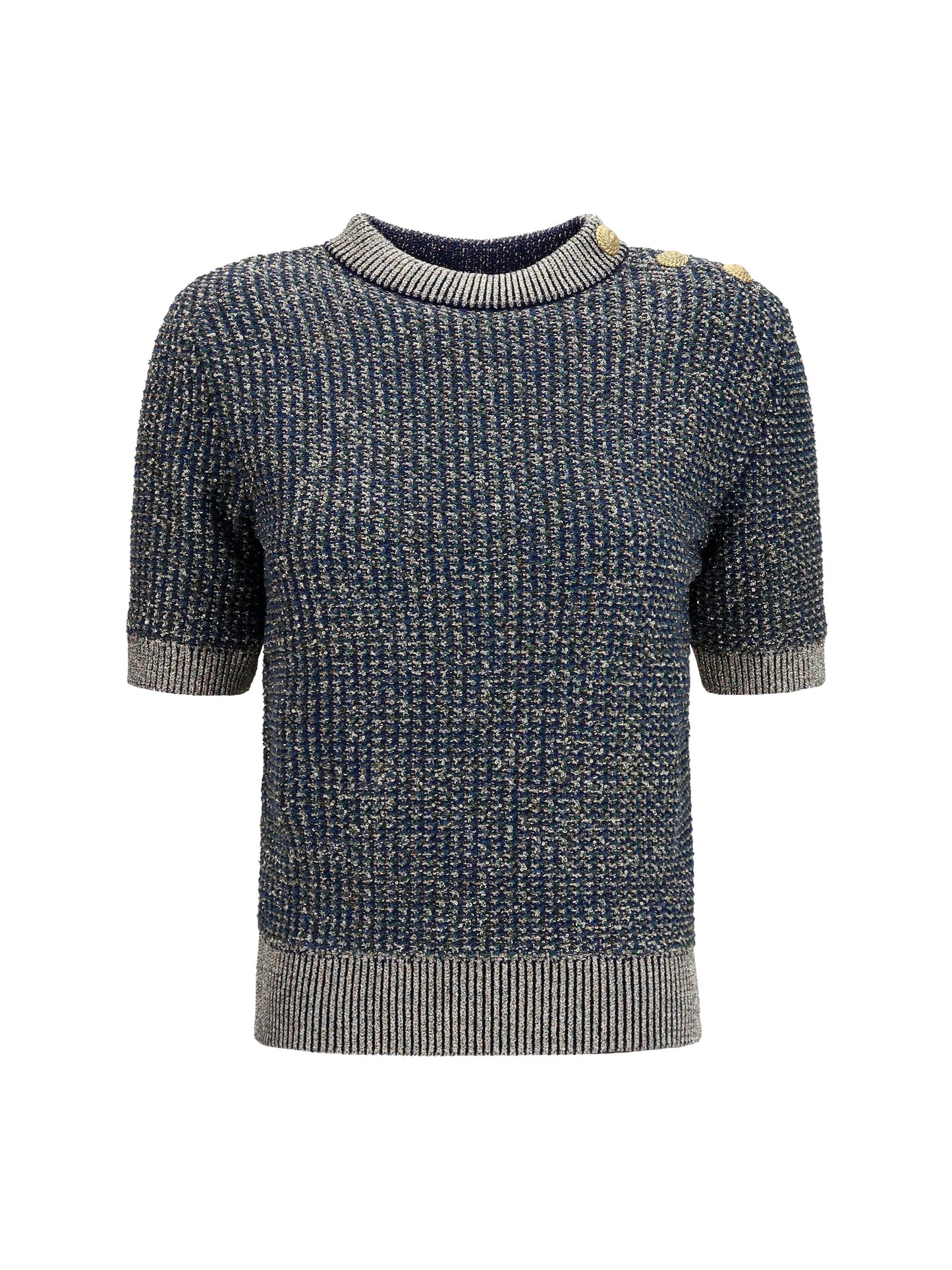 Balmain Women Short-Sleeve Sequined Sweater With Buttons