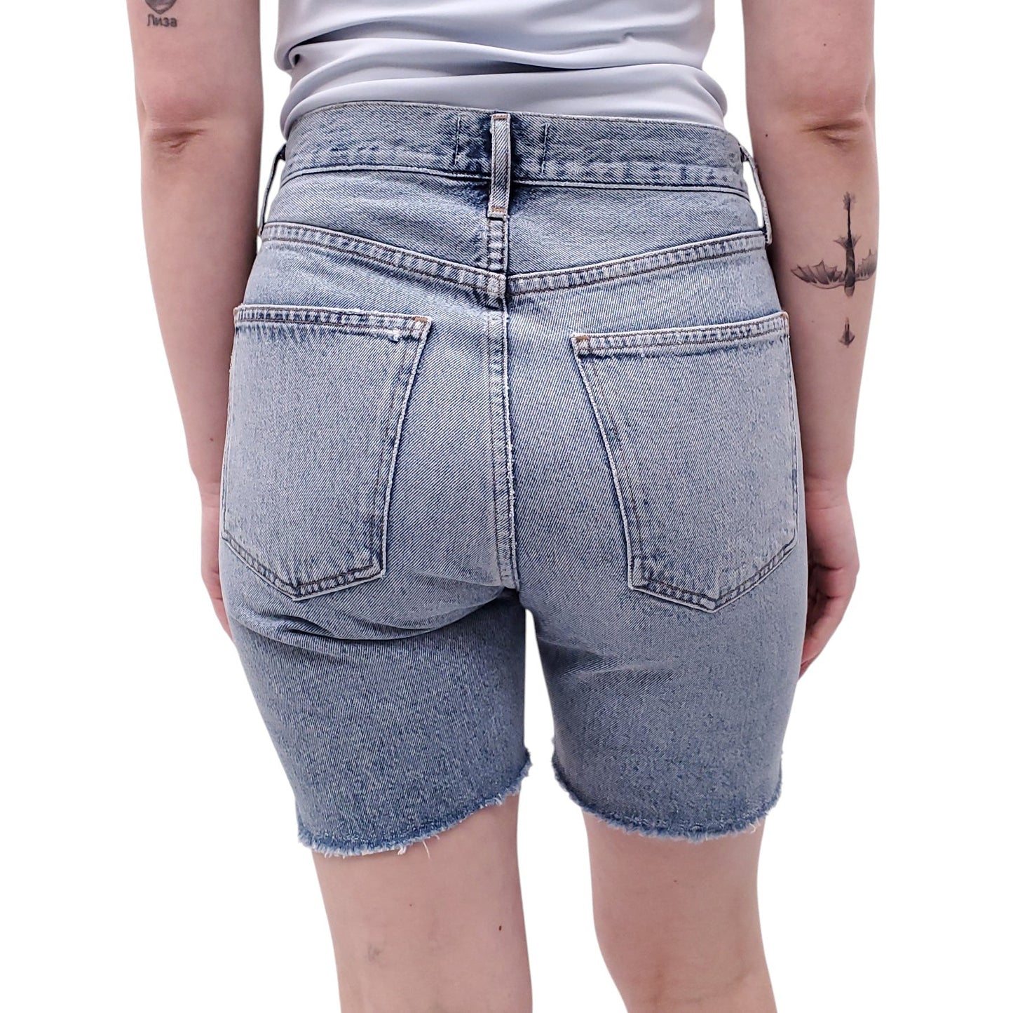 AGOLDE MEDIUM BLUE DENIM SHORTS WITH BUTTON-UP FLY - SIZE 25