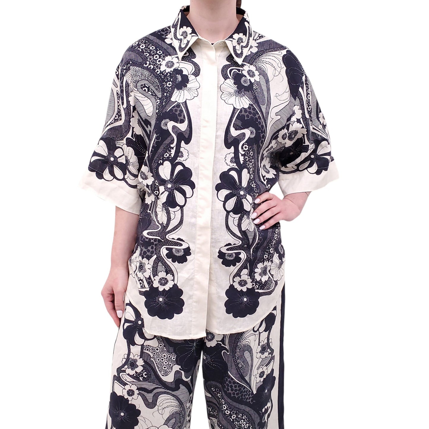 ALEMAIS CREAM AND NAVY FLAX LINEN FLORAL SET - SIZE 12