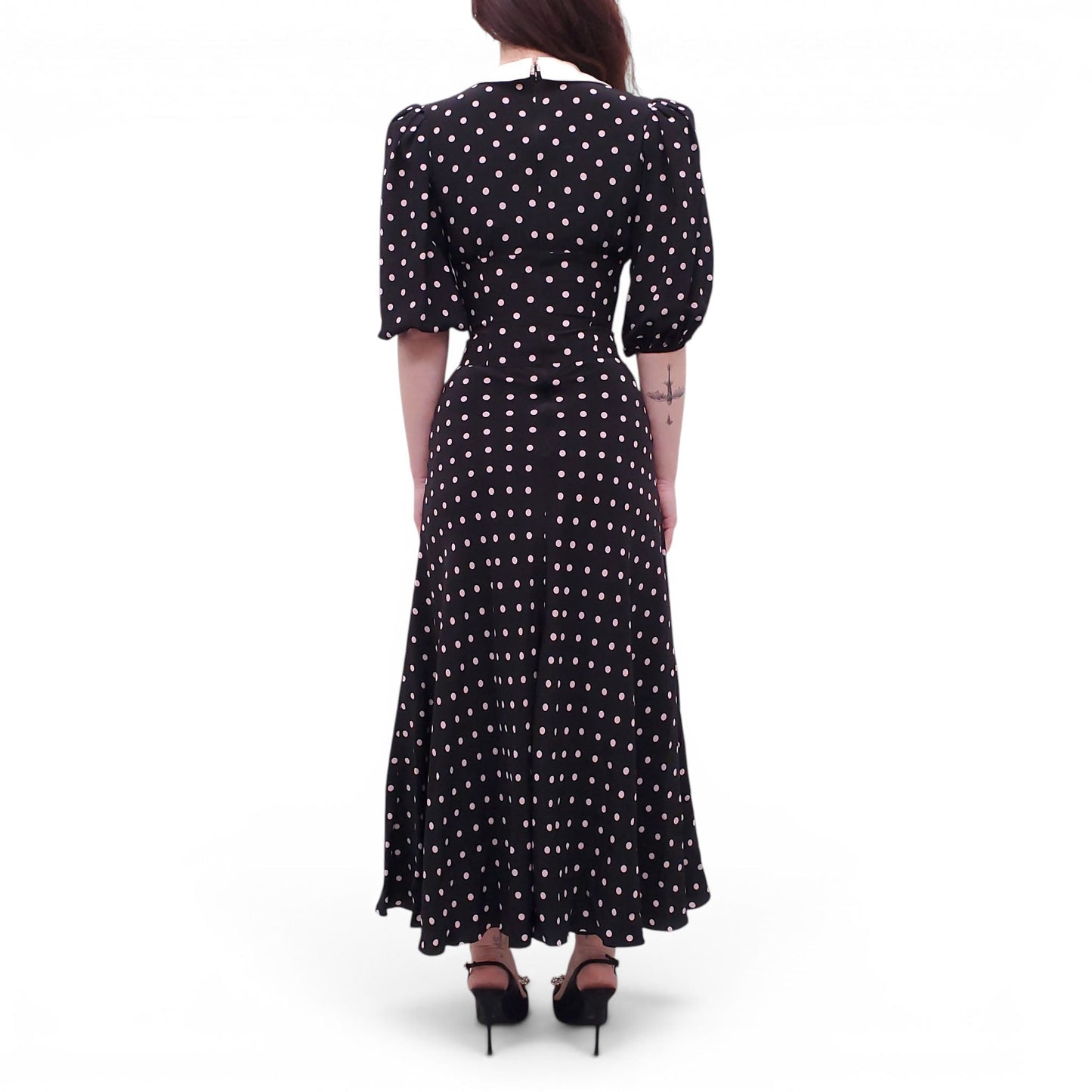ALESSANDRA RICH BLACK AND PINK POLKA DOT RUFFLED SILK MIDI DRESS WITH PEARL BUTTONS - SIZE 36 (FITS SMALL)