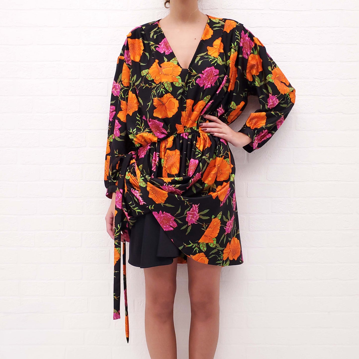 BALENCIAGA BLACK, ORANGE AND PINK FLORAL MINI DRESS WITH TIE - SIZE 38