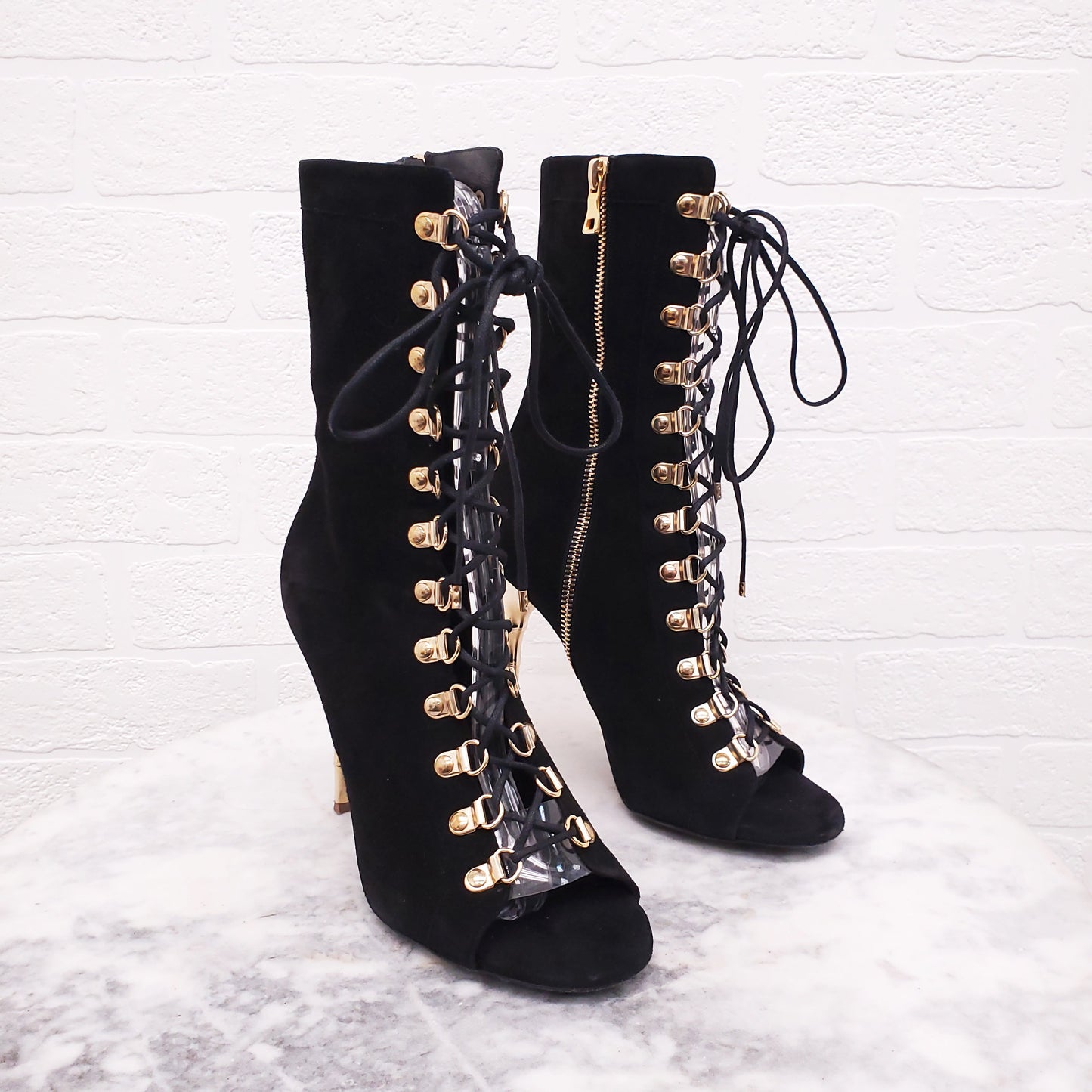 BALMAIN BLACK SUEDE LACE UP BOOTIES WITH GOLD HEEL - SIZE 37