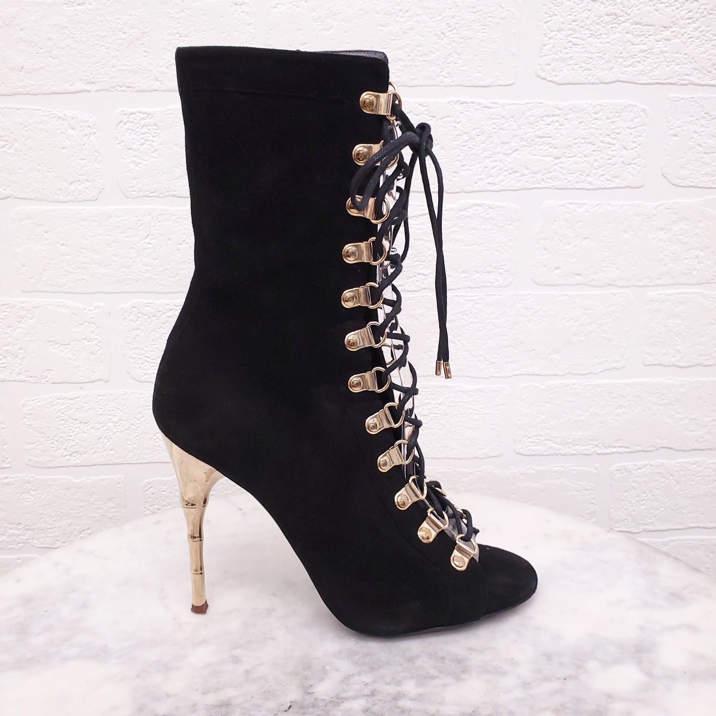 BALMAIN BLACK SUEDE LACE UP BOOTIES WITH GOLD HEEL - SIZE 37