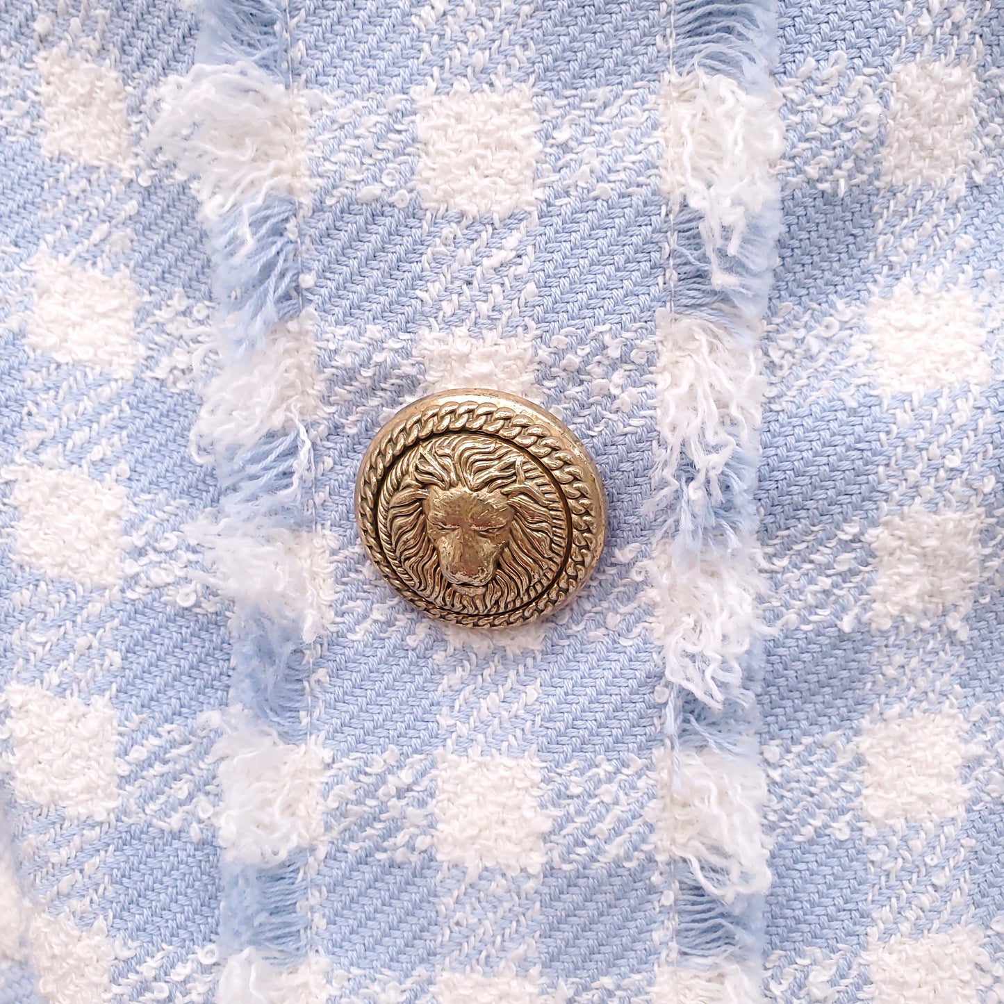 BALMAIN BLUE AND WHITE GINGHAM TWEED DRESS WITH GOLD BUTTONS - SIZE 40