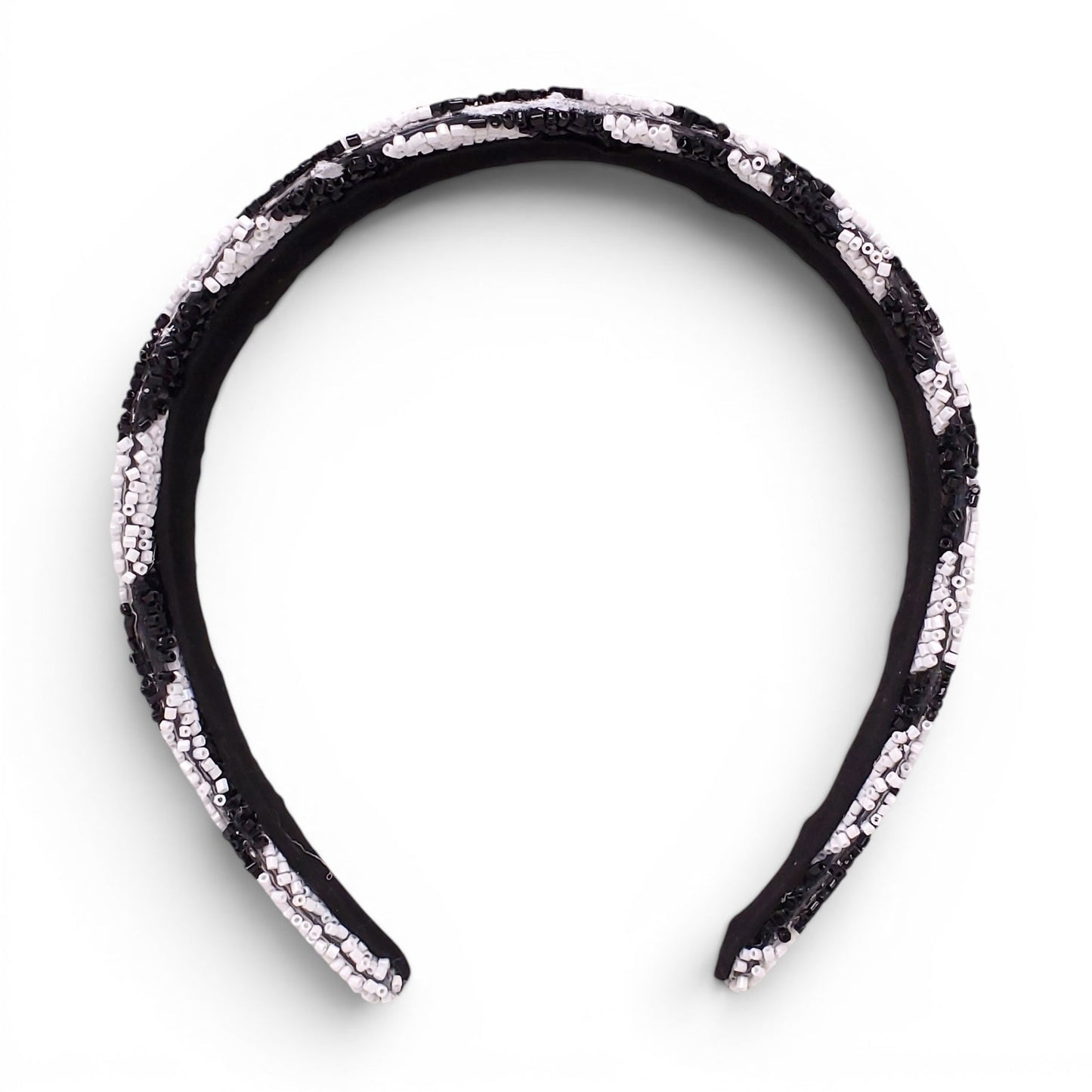 BLACK AND WHITE ZEBRA PATTERNED BEADED HEADBAND