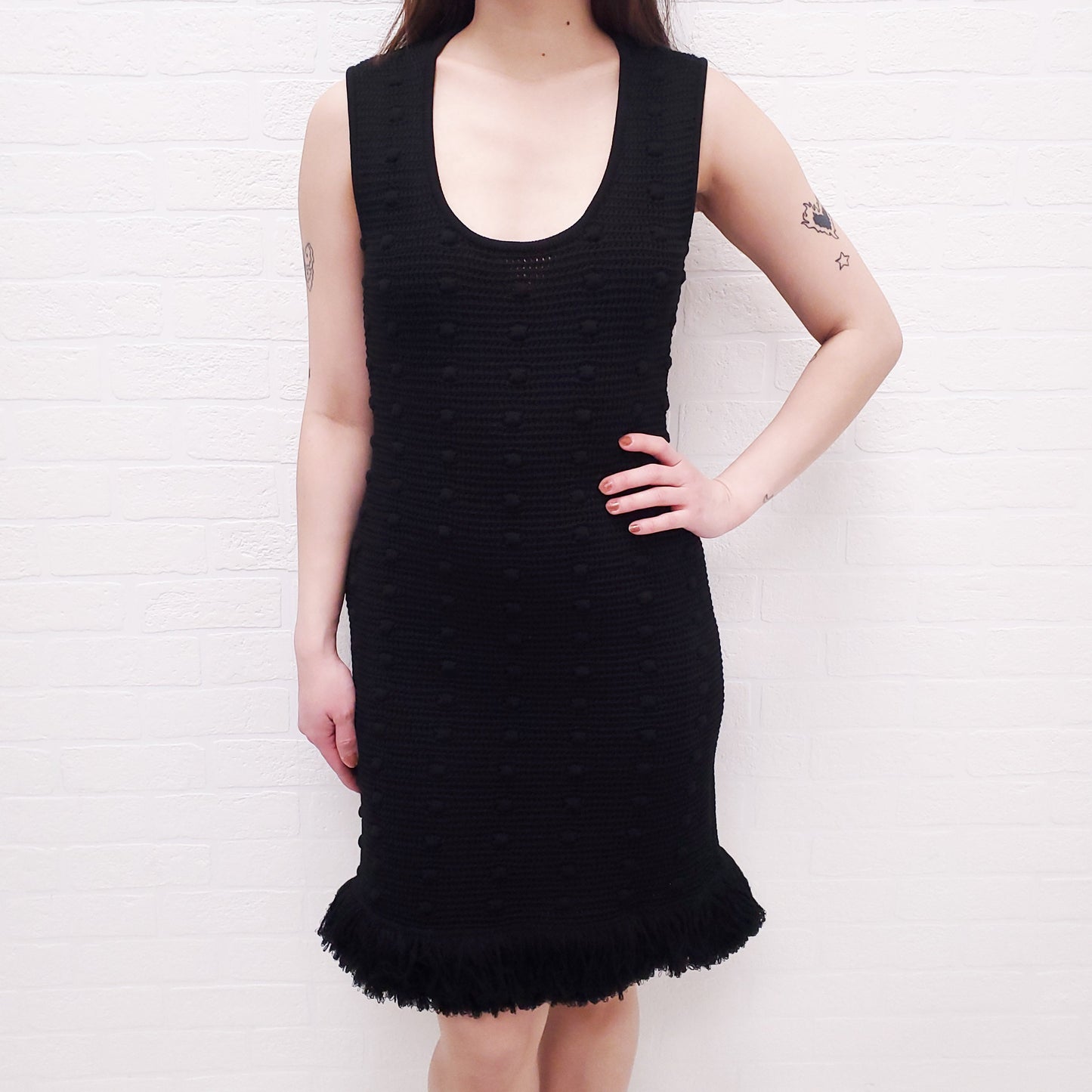 BOTTEGA VENETA BLACK KNIT DRESS WITH FRINGE DETAIL - SIZE S